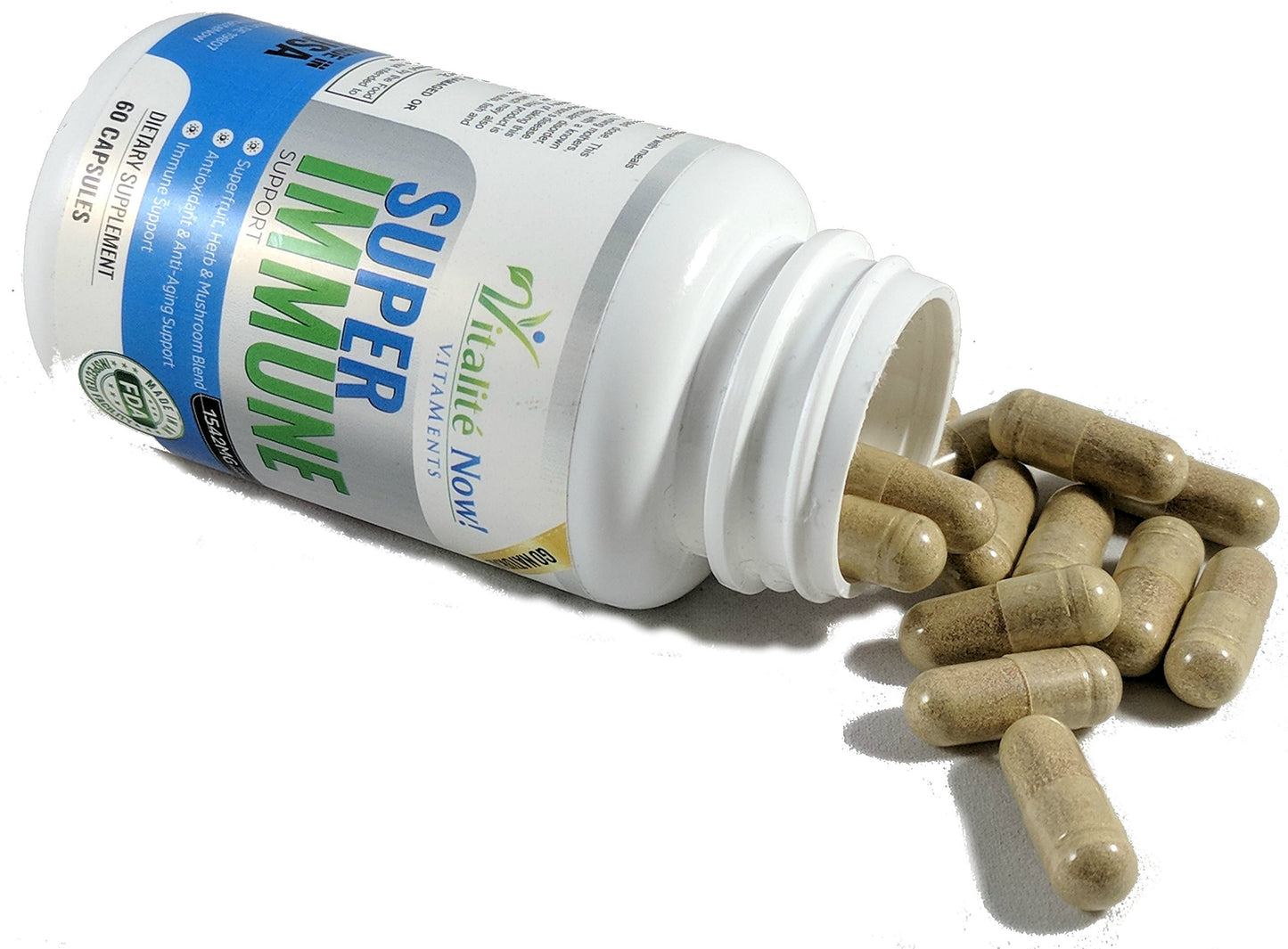 Vitalité Now! Super Wellness Immune Booster Quercetin Immunity Support with 25 Vitamins, Herbs, Superfoods and Mushrooms, Vitamins C and E, Selenium, Turmeric 60 Capsules