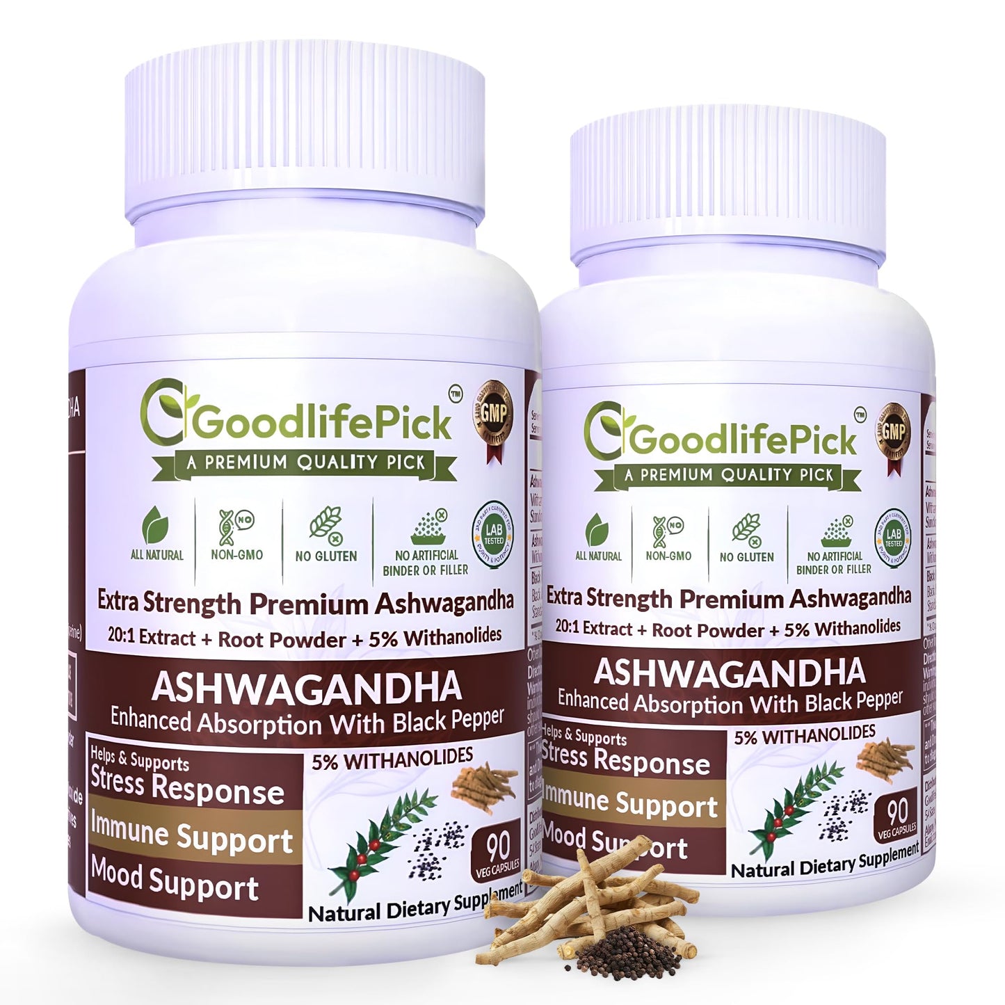 GoodlifePick Ashwagandha Capsules with Black Pepper, 20:1 Ashwagandha Extract, 5% Withanolides, 180 Capsules