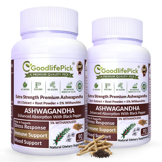 GoodlifePick Ashwagandha Capsules with Black Pepper, 20:1 Ashwagandha Extract, 5% Withanolides, 180 Capsules