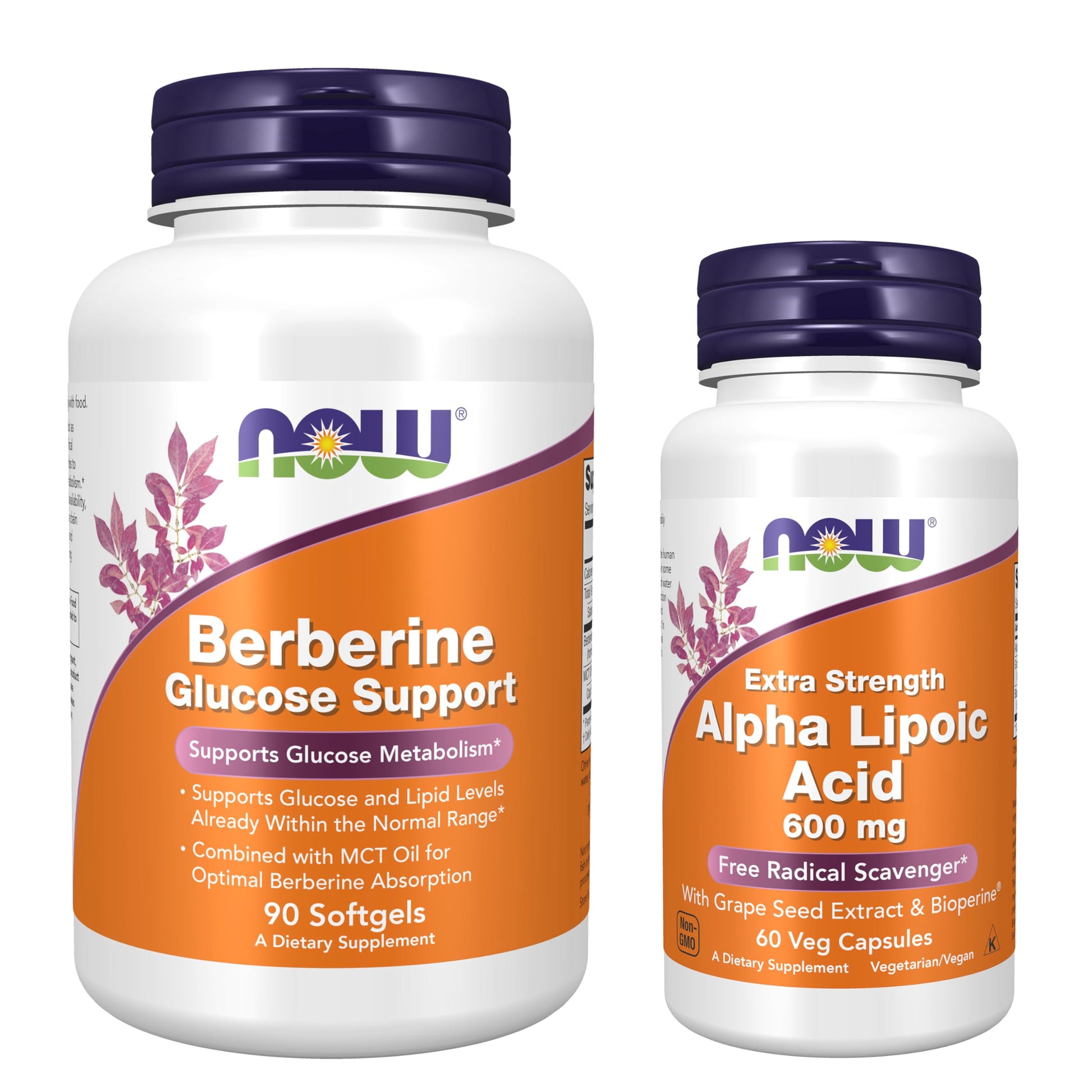 NOW Foods Glucose & Metabolic Support Bundle Berberine with MCT Oil 90 Softgels + Alpha Lipoic Acid 600mg 60 VCaps - Glucose Metabolism & Cardiovascular Support