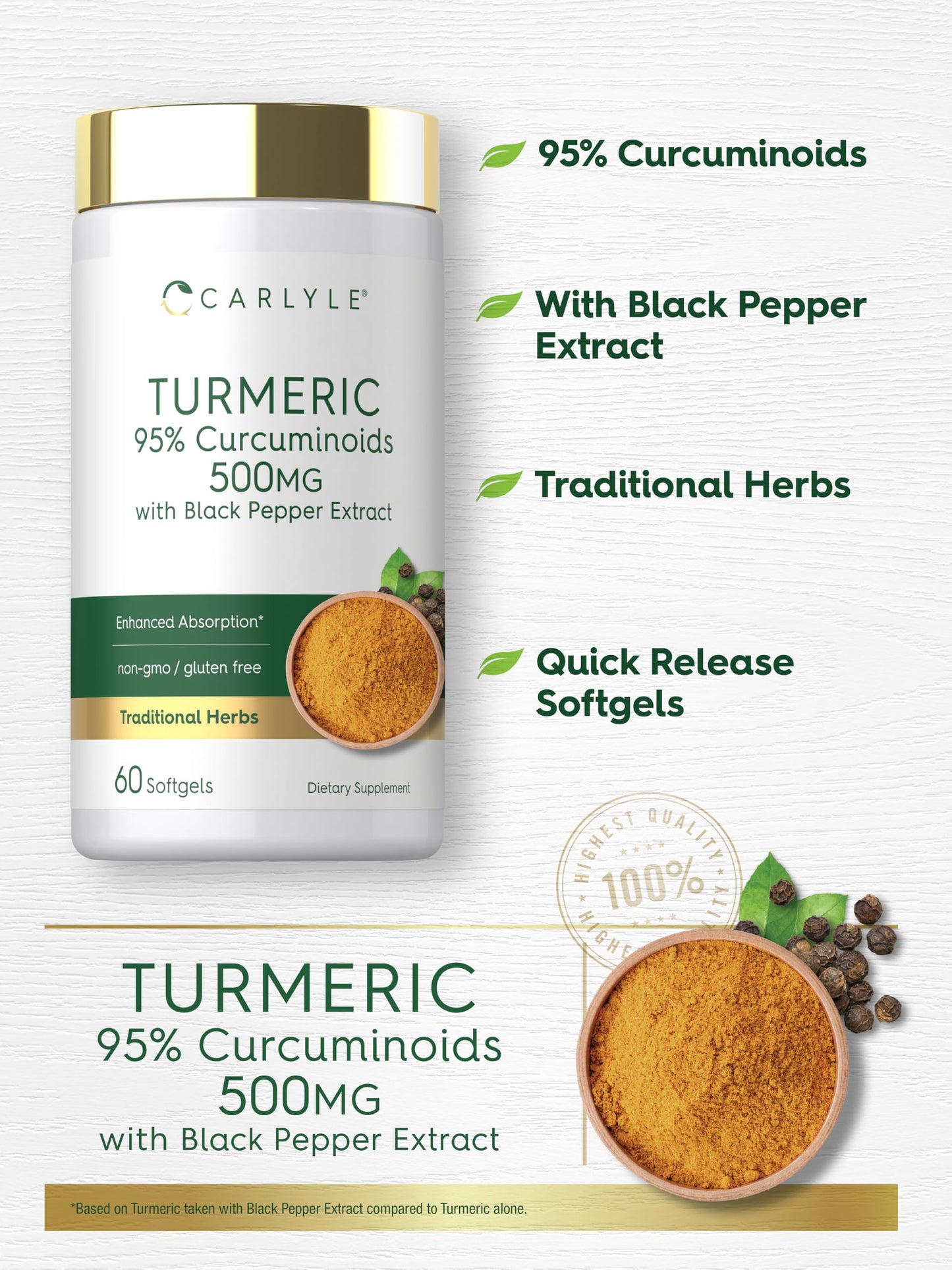Carlyle Turmeric Curcumin Supplement 500mg Softgels, 60 Count