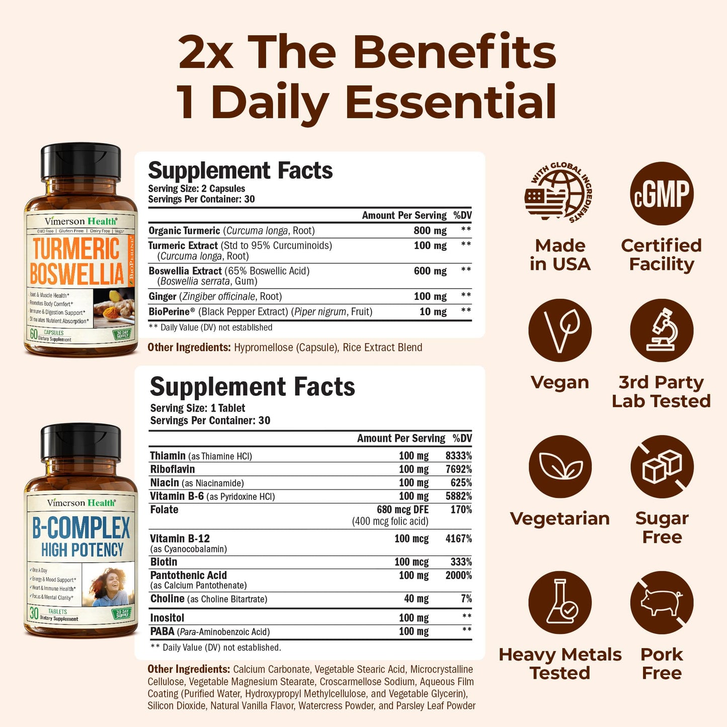 Vimerson Health Boswellia Turmeric Curcumin Supplement with Vitamin B Complex Capsules 120