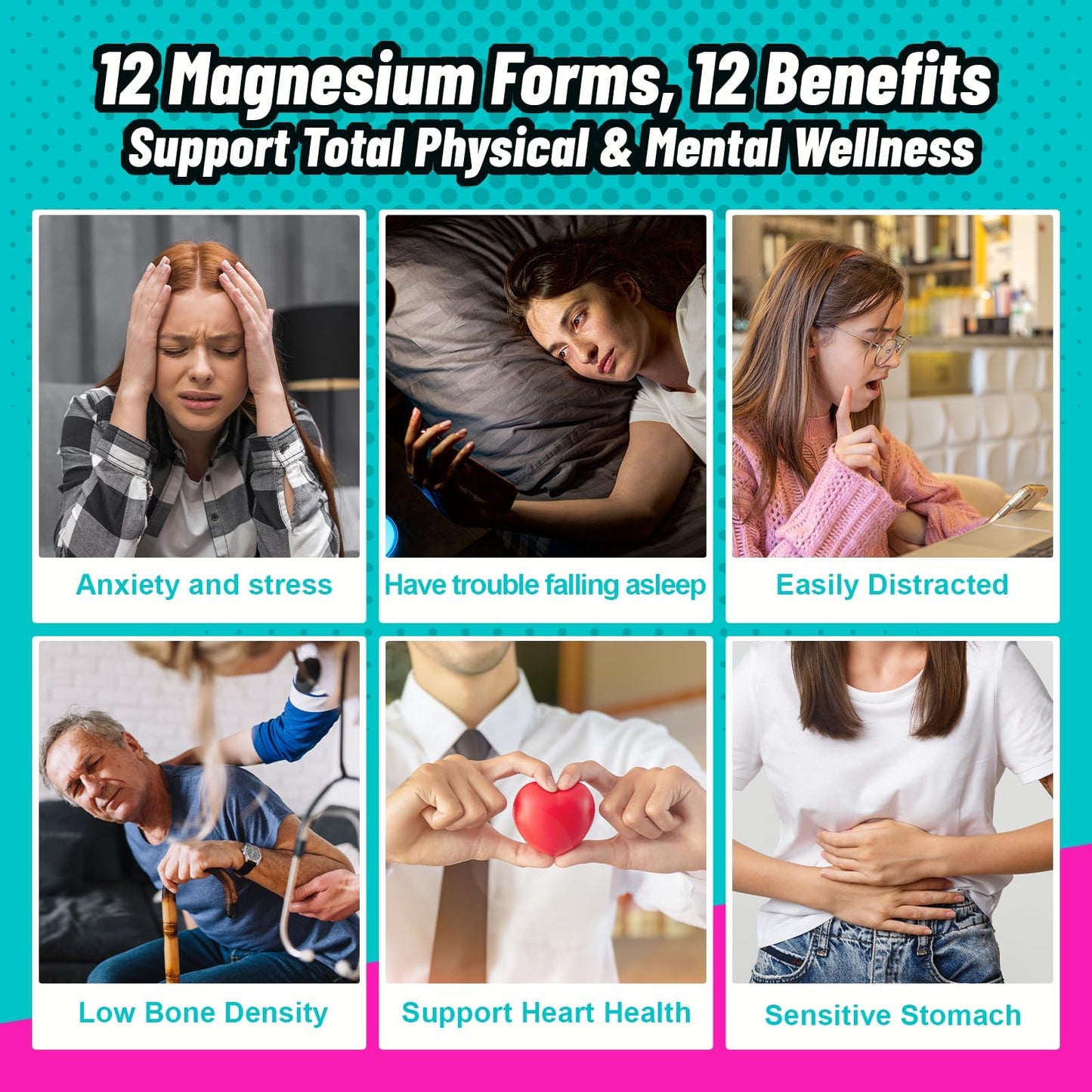 Qsbon Magnesium 12 in 1 Complex Supplement 700mg High Absorption Magnesium Glycinate, 120 Capsules