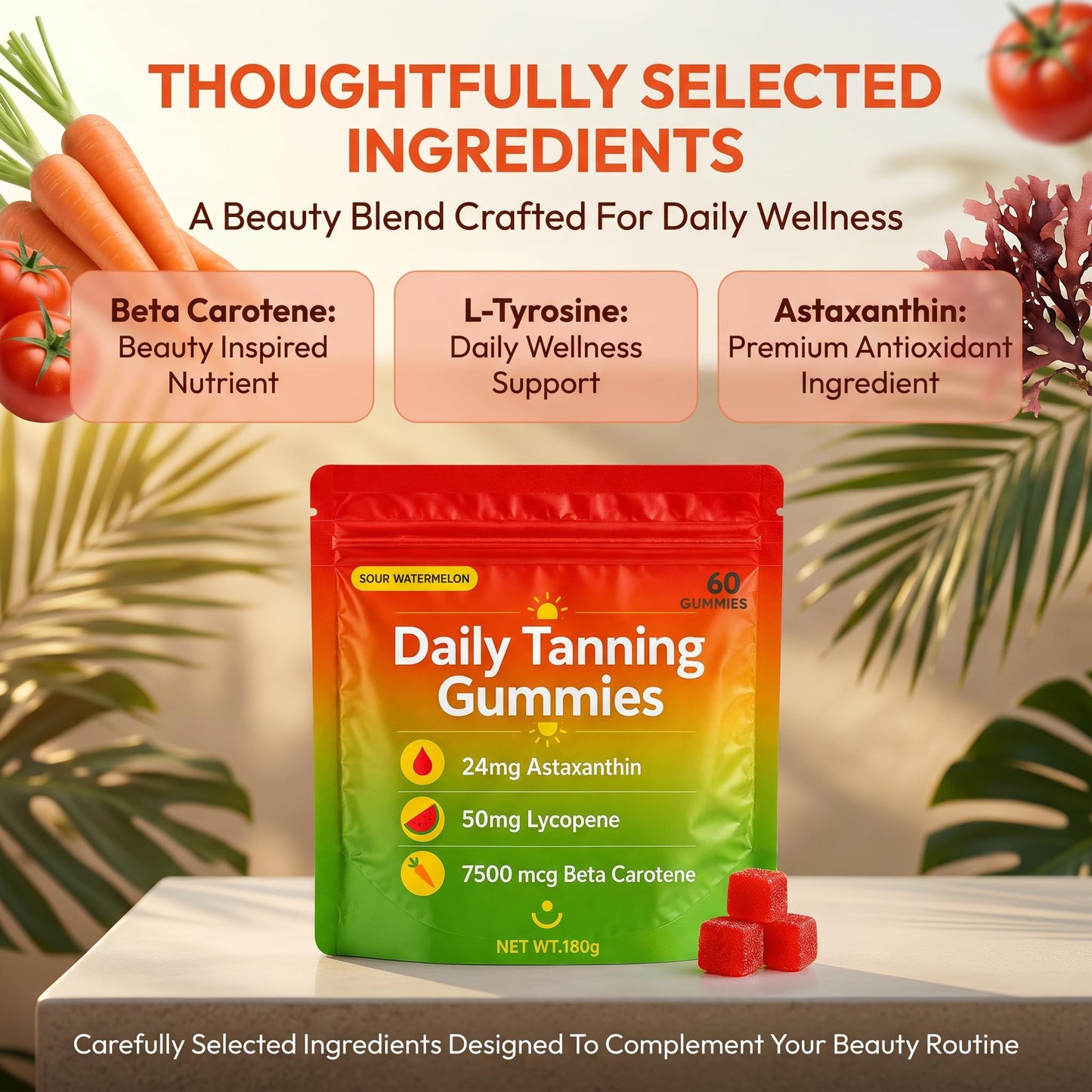Jqewlg Lumivyx Tanning Gummies - Daily Beauty Gummies with Beta Carotene, L-Tyrosine, Astaxanthin & Lycopene, Watermelon Flavor, 60 Gummies