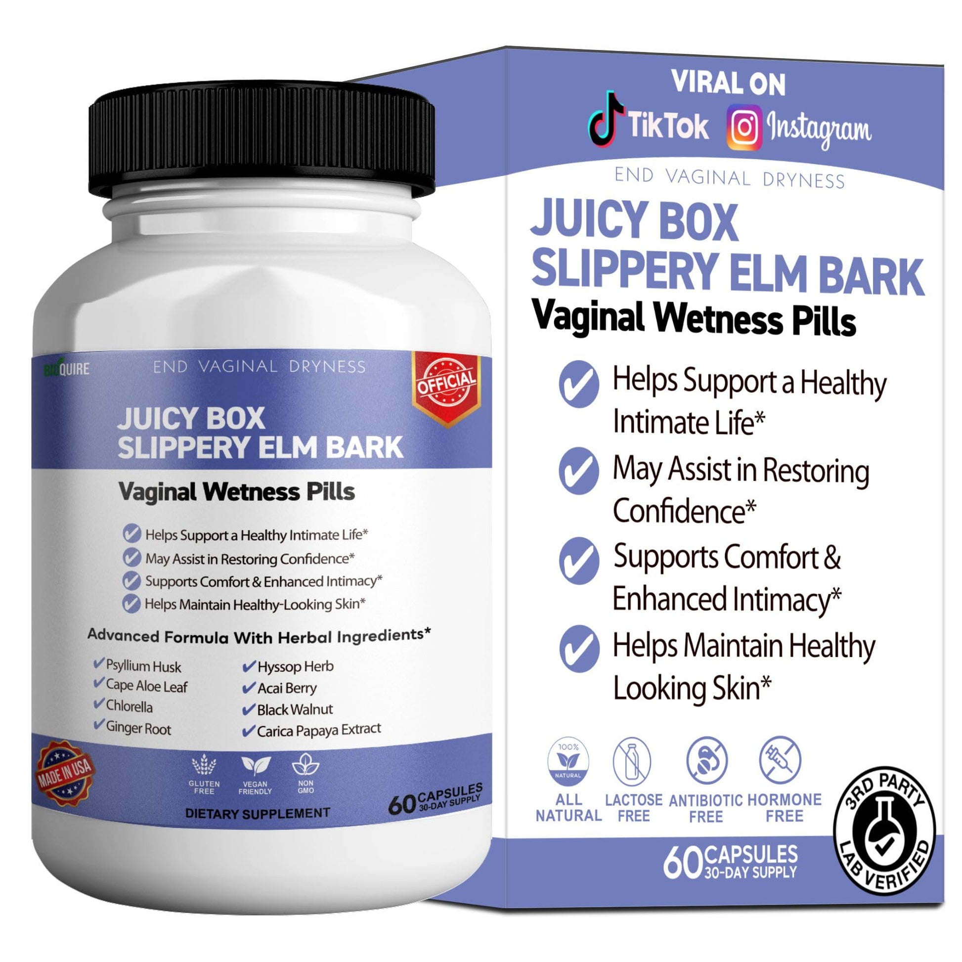 BIOQUIRE Slippery Elm Bark Vaginal Wellness Supplement Capsule, 60 Veggie Capsules