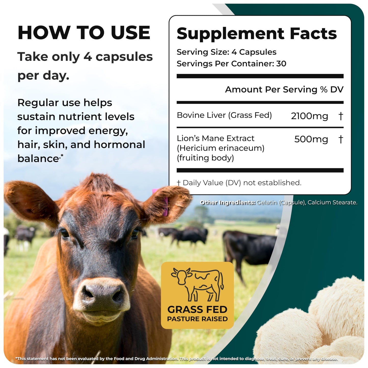 INFINITE PEAK Grass-Fed Beef Liver with Lion's Mane, 120 Capsules