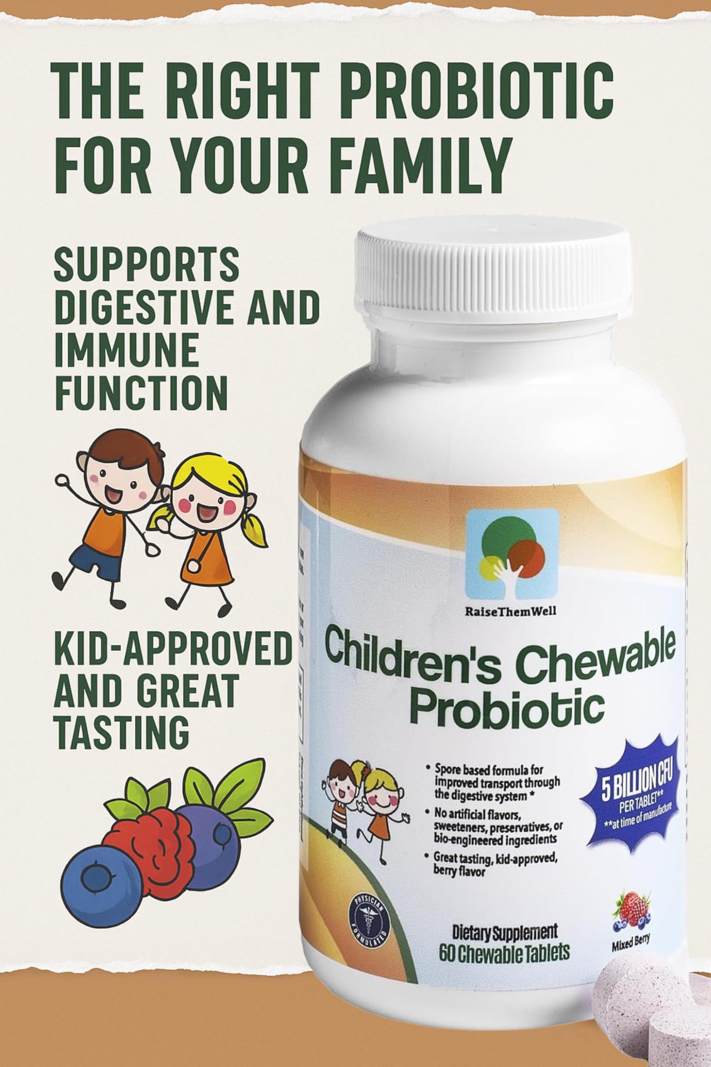 Raise Them Well Children’s Probiotic Chewable Gut Health Tablets for Kids, 60 Count