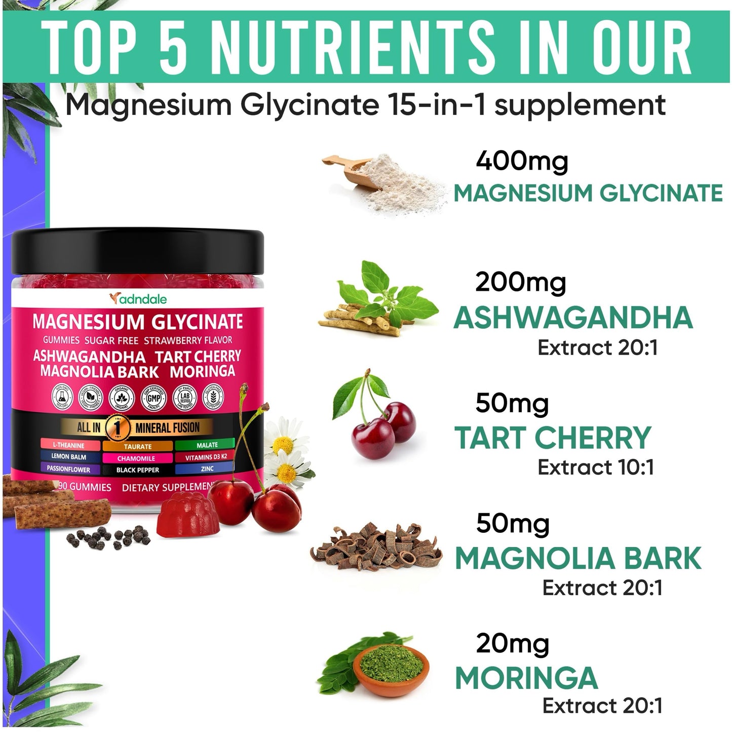 Adndale Magnesium Glycinate 400 mg Gummies, 180 Count