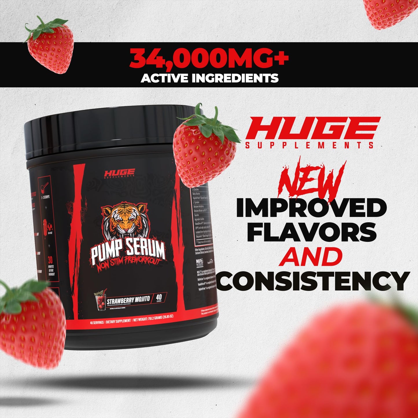 Huge Supplements Pump Serum Non Stim Pre-Workout Powder Strawberry Mojito, 40 Servings