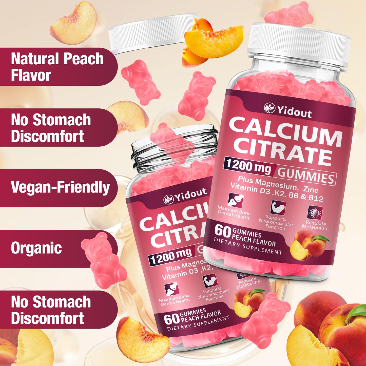 Yidout Calcium Citrate Gummies 1200mg, High Absorption Bone & Immune Support, Peach, 60 Count
