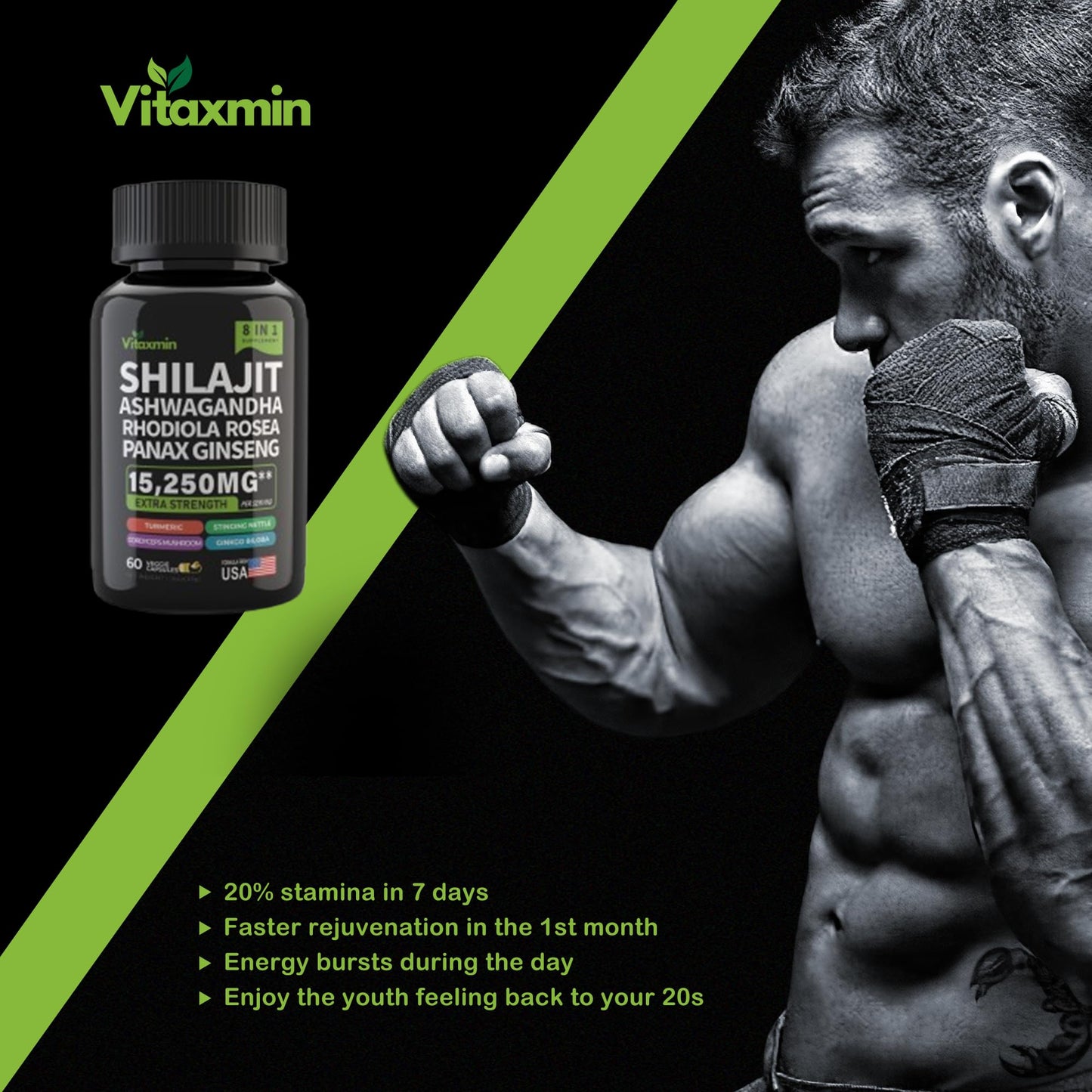 vitaxmin Shilajit and Ashwagandha Capsules, 8-in-1 Herbal Multivitamin for Men and Women, with Rhodiola Rosea, Ginseng, and Stinging Nettle, 60 Capsules