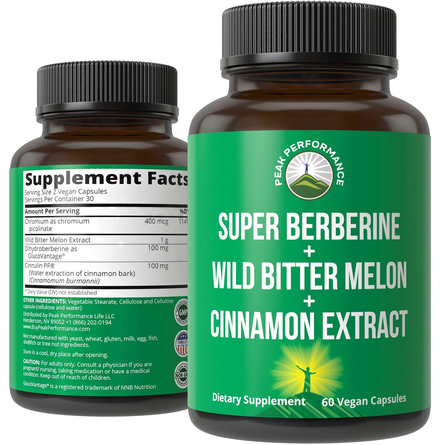 Peak Performance Ultra High Strength 4-in-1 Berberine Patented GlucoVantage + Wild Bitter Melon + Cinnamon Extract + Chromium Picolinate, 60 Capsules