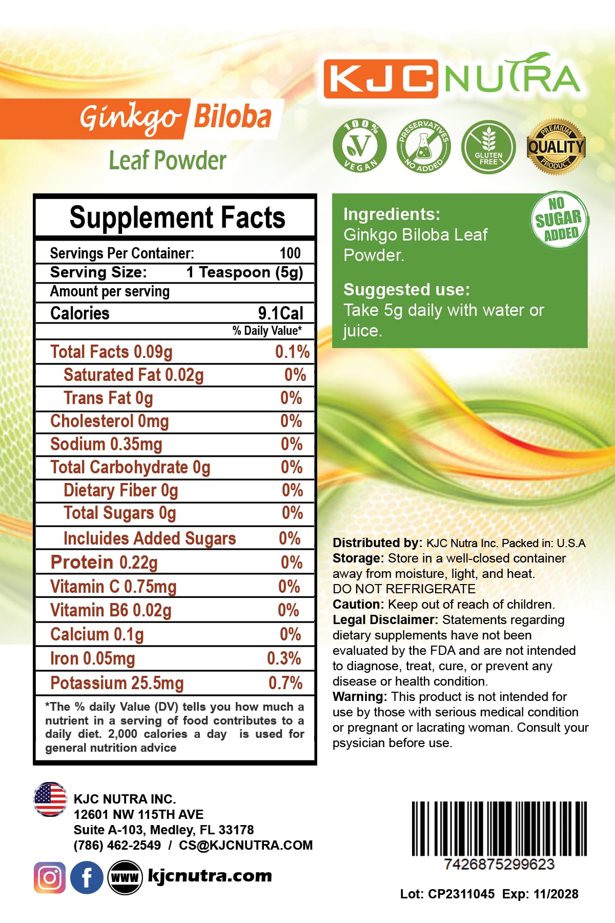 KJC Nutra Ginkgo Biloba Leaf Powder, 0.12 Ounce