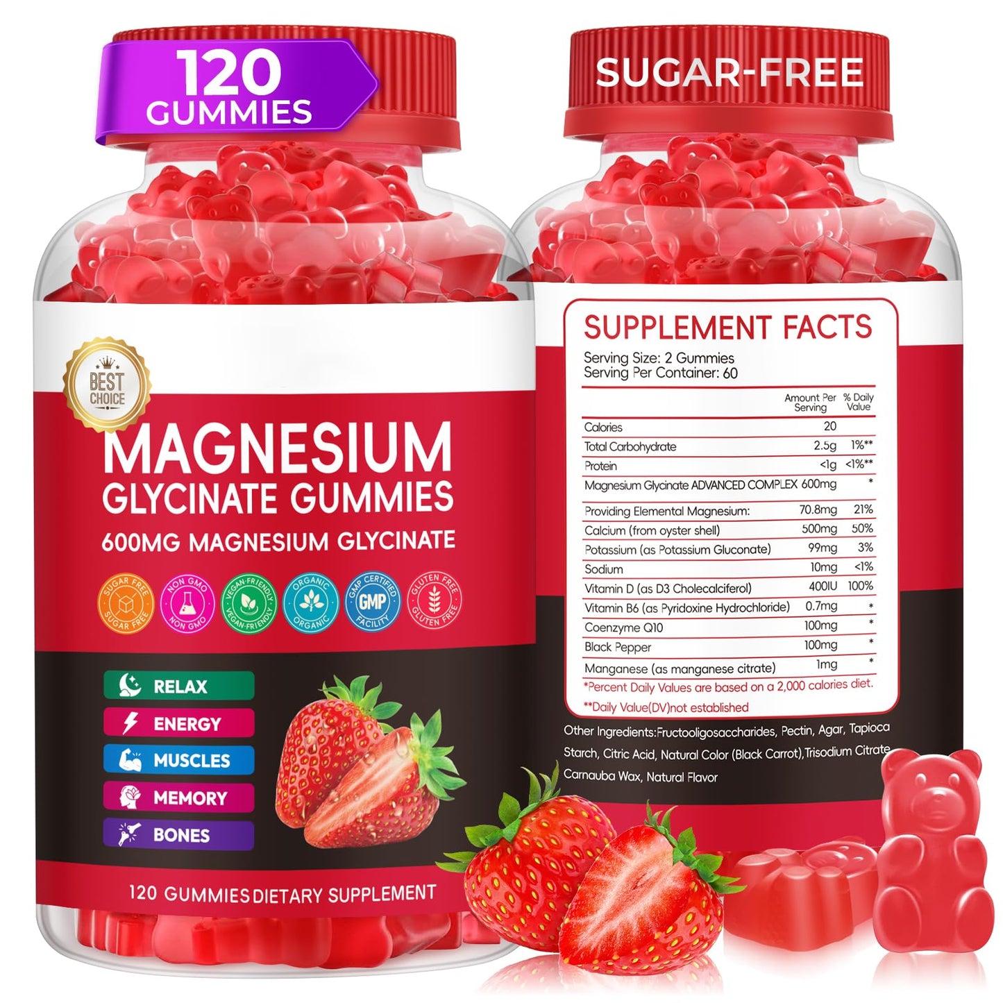 Xytora Magnesium Glycinate Gummies, High Absorption Magnesium Complex, Strawberry, 120 Gummies