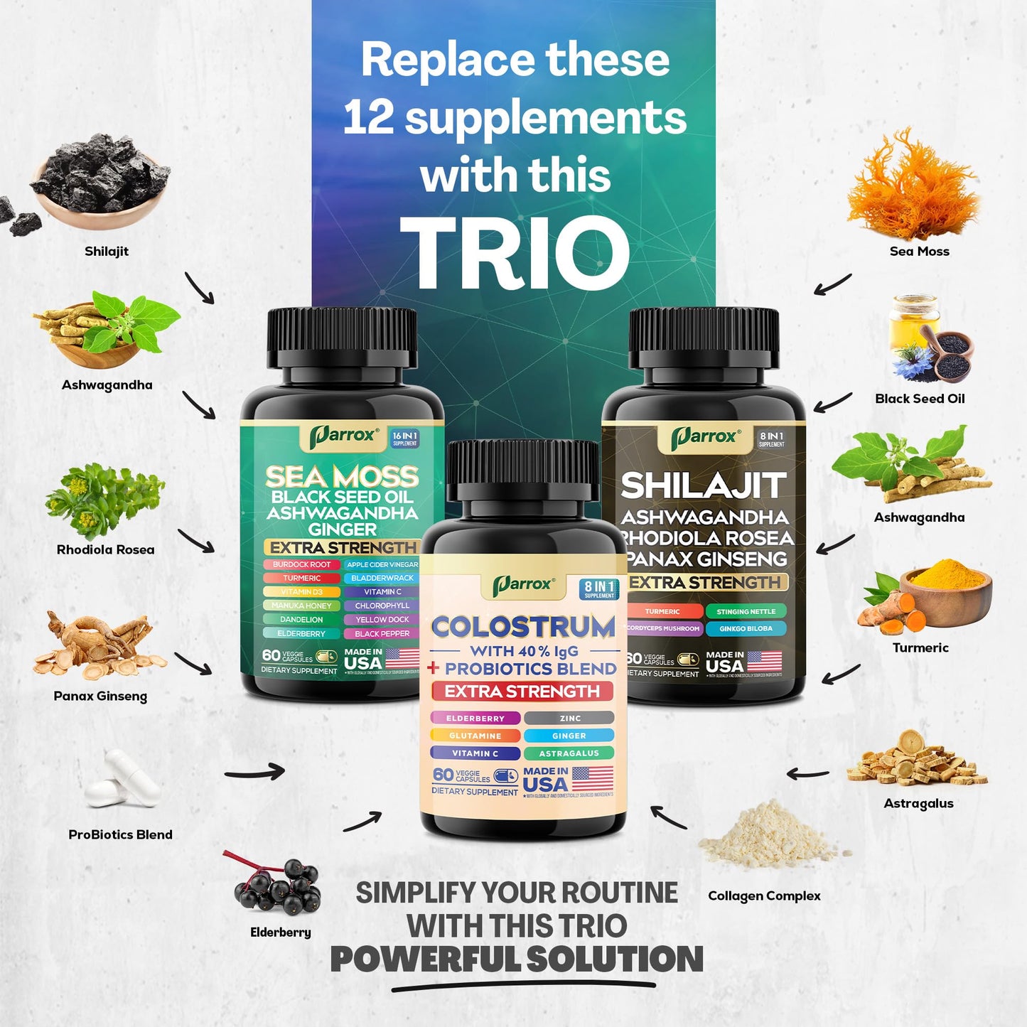 Parrox Sea Moss Shilajit Colostrum Black Seed Complete Vitality Trio Bundle Capsule 180
