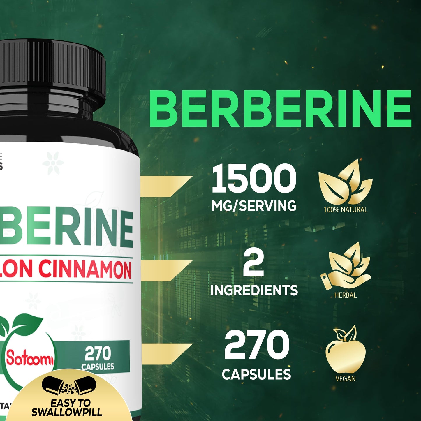 Satoomi Berberine with Ceylon Cinnamon Supplement - 1500mg Extra Strength Capsules, 270 Count