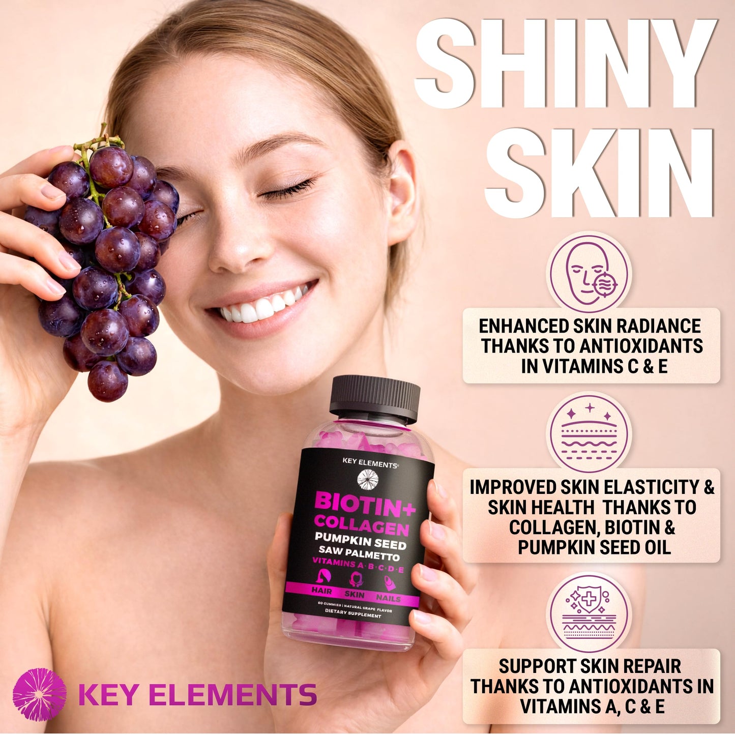 KEY ELEMENTS Hair Skin and Nails 10000mcg Biotin & Collagen, Gummy, 60 Count