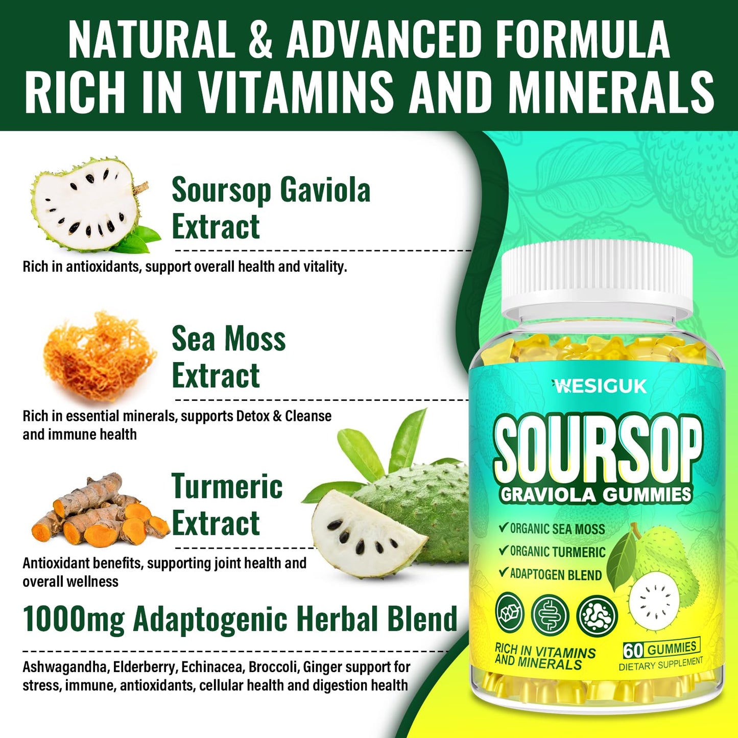 Wesiguk Soursop Graviola Gummies, 60 Count