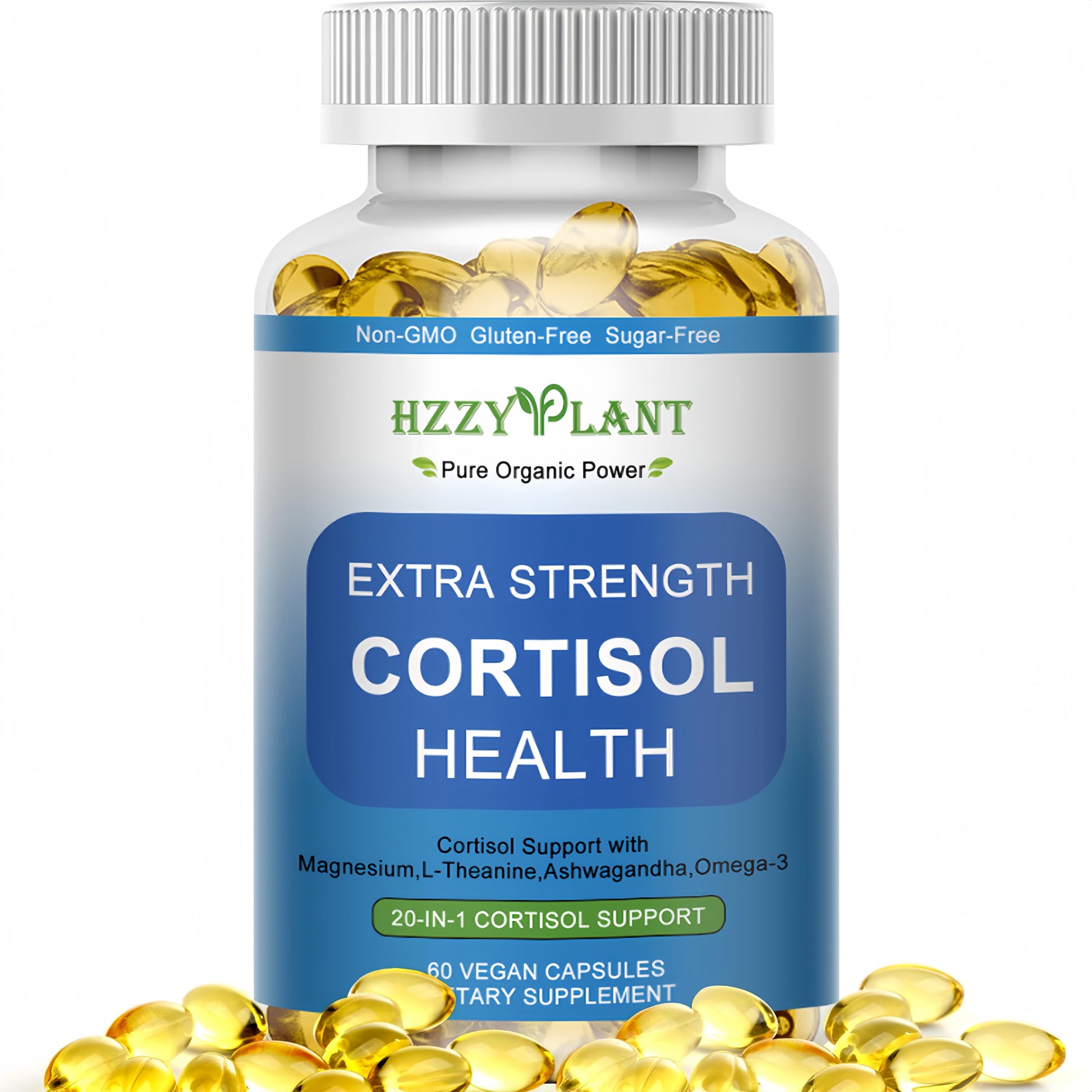 HZZYPLANT Cortisol Support Softgels with Phosphatidylserine, Magnesium, Ashwagandha, L-Theanine, 60 Softgels