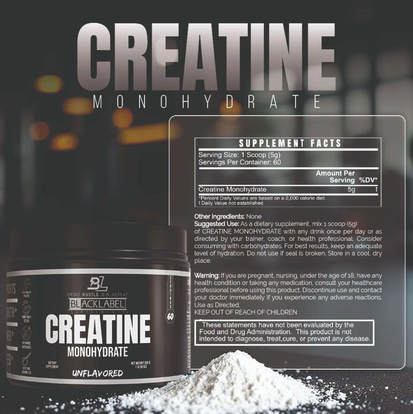 BLACKLABEL Supplements Creatine Monohydrate Powder 10.58 Ounce