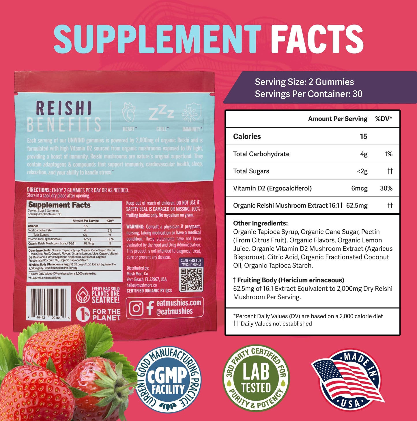 Mushie 100% Organic Reishi Mushroom Gummies, 2000mg Reishi Nootropic, Vegan & Gluten-Free, 60 Count