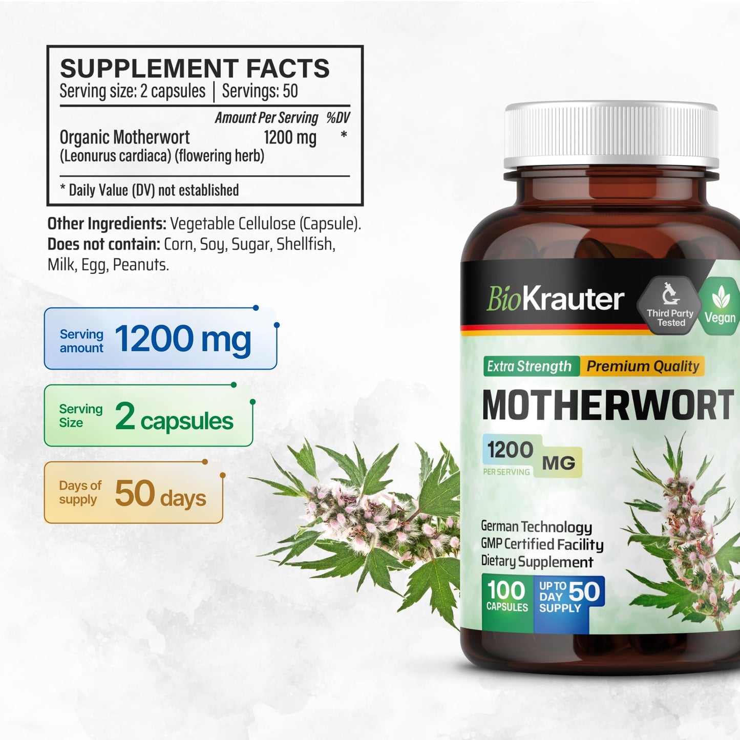 BIO KRAUTER Perimenopause & Menopause Supplements for Women Vegan Motherwort Capsules 1200 mg/Serving, 100 Capsules