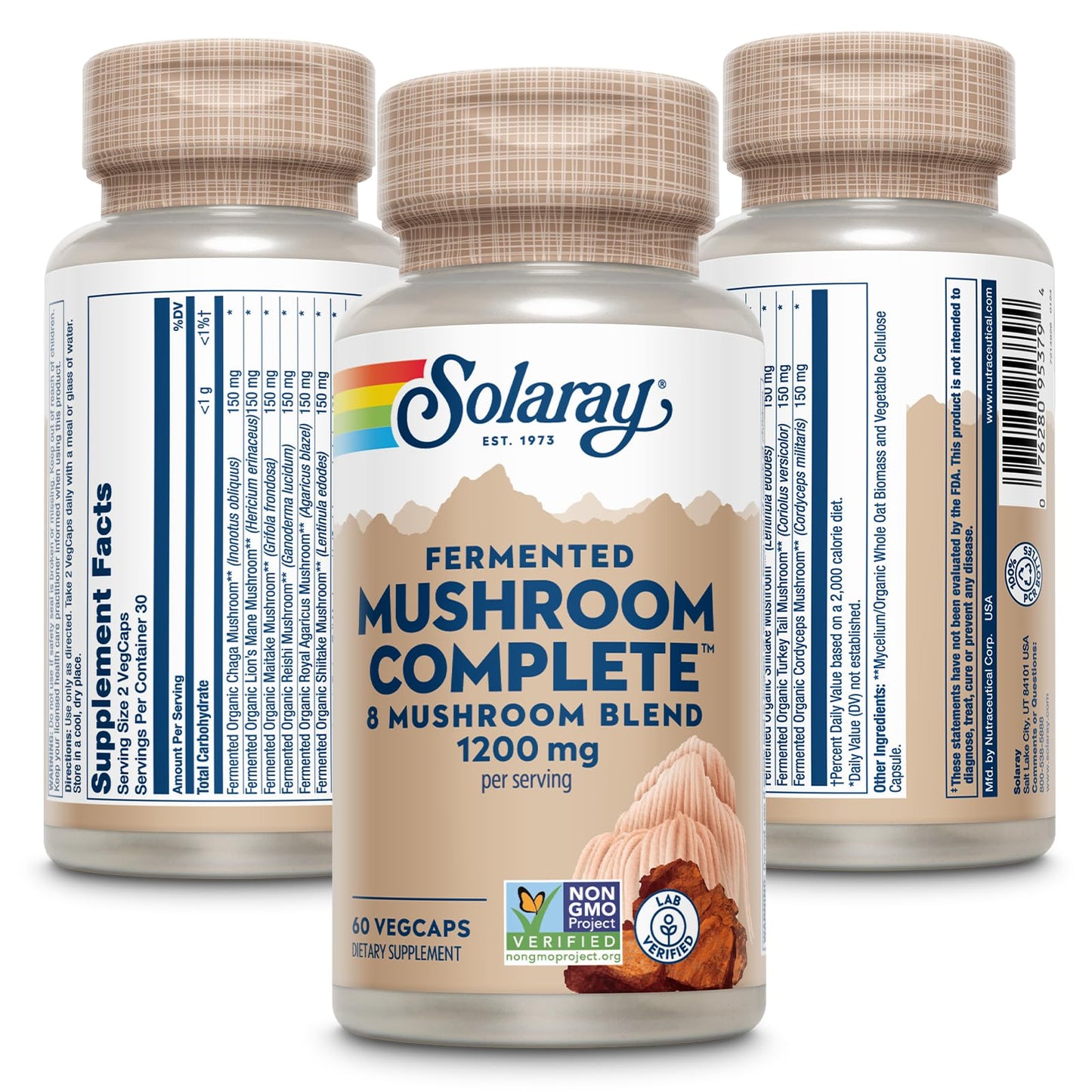 SOLARAY Fermented Mushroom Complete - Organic Chaga, Reishi, Shiitake, Cordyceps, Turkey Tail Mushroom and Lions Mane Supplement Capsules, 60 Count