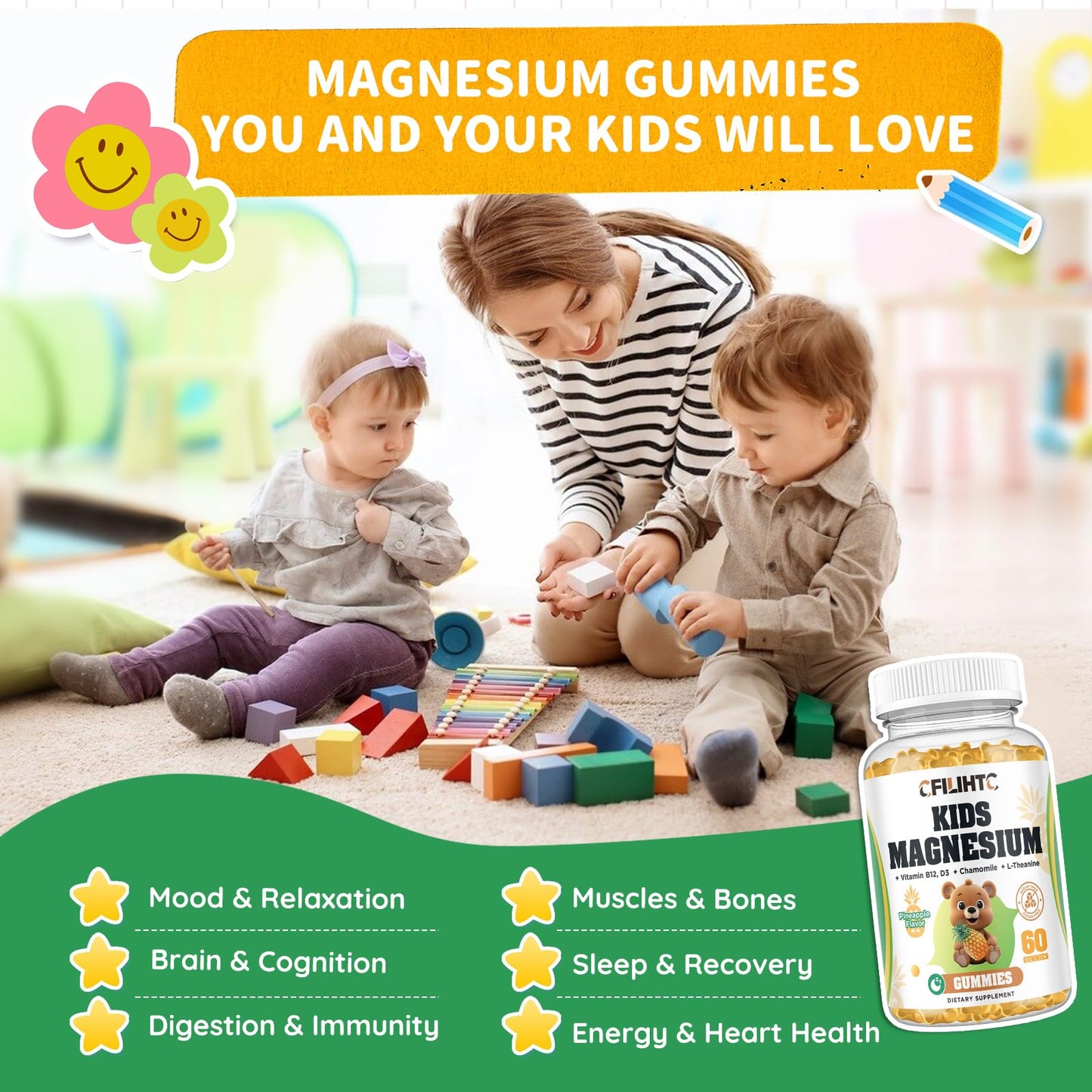 CFILIHTC Kids Magnesium Glycinate Gummies with Citrate, Zinc, Vitamin D3, B12, L-Theanine, Pineapple Flavor, 60 Gummies