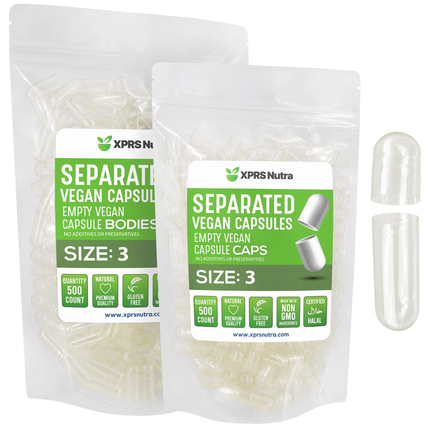 XPRS Nutra Vegan Size 3 Separated Empty Capsules, 500 Count