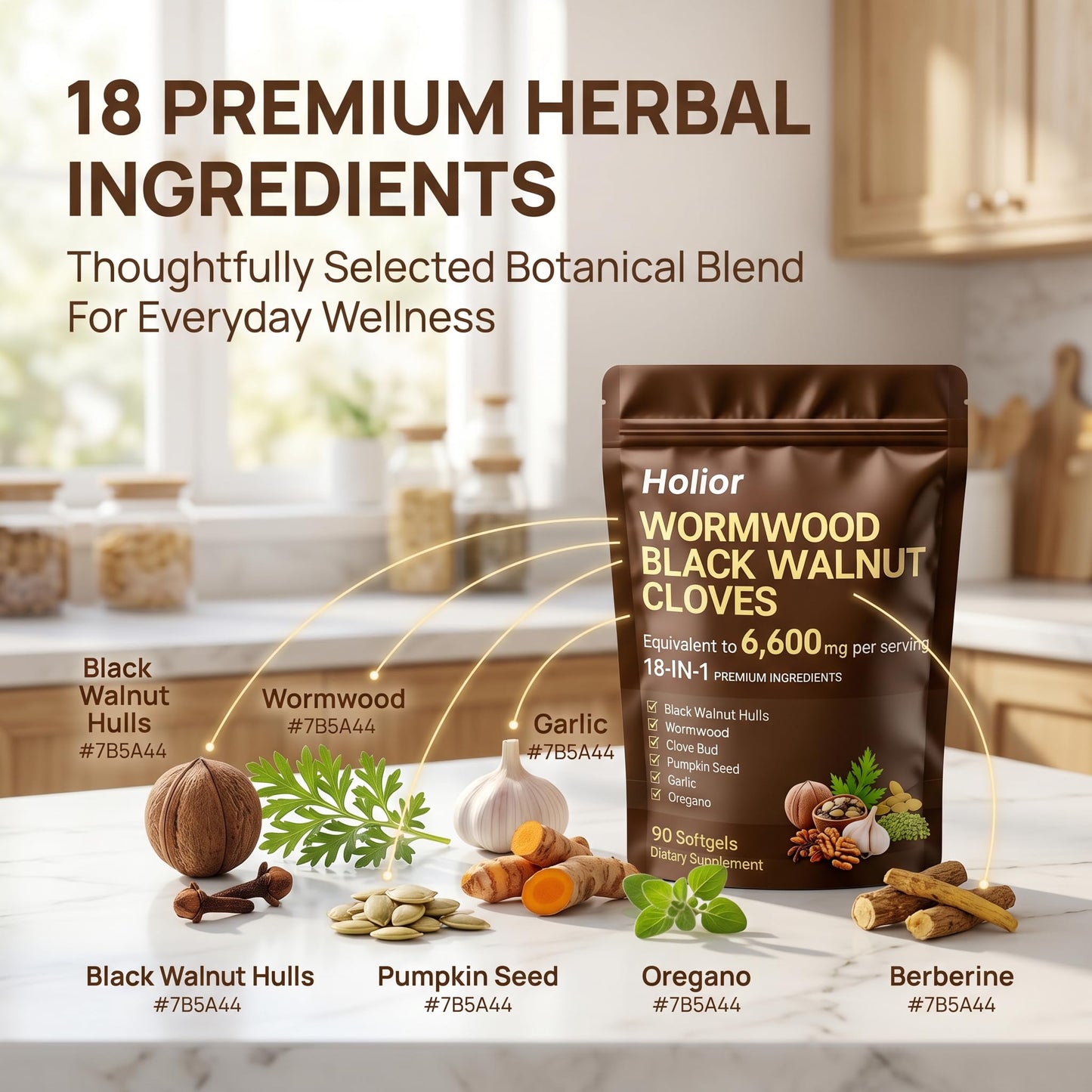 HOLIOR 18-in-1 Black Walnut Wormwood Herbal Wellness Blend with Clove, Garlic, Turmeric, Pumpkin Seed, Oregano, Berberine & More Daily Digestive & Gut Balance Support Supplement 90 Softgels