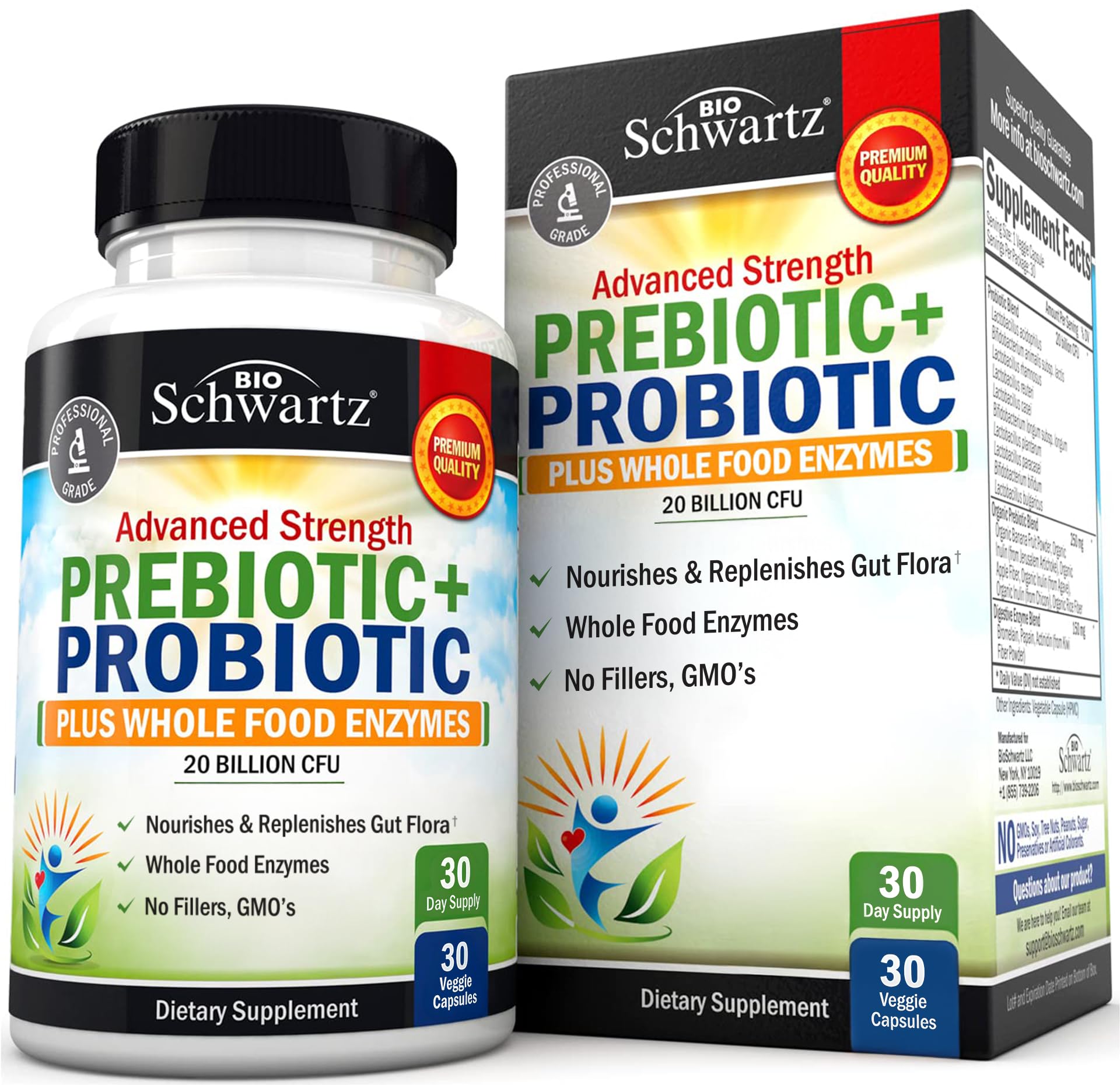 BioSchwartz Advanced Prebiotics and Probiotics for Women & Men, Immune, Digestive & Gut Health with L. Reuteri, Inulin Fiber, Digestive Enzymes, Non-GMO, Gluten-Free, Dairy-Free, 30 Capsules