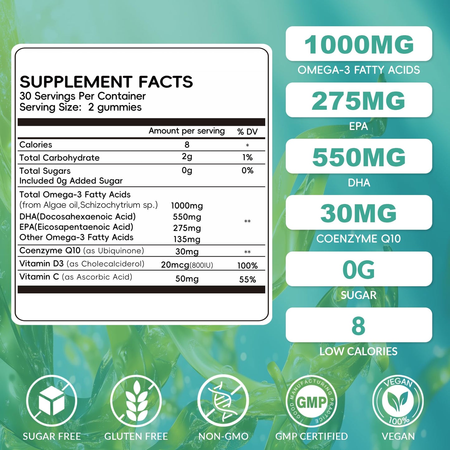 Vigorintha Vegan Omega-3 Algae Oil Gummy Supplement with DHA 300mg & EPA 150mg, Plant-Based Omega-3 with Vitamin D3 & K2, Fish-Free Algal Oil, 120 Gummies