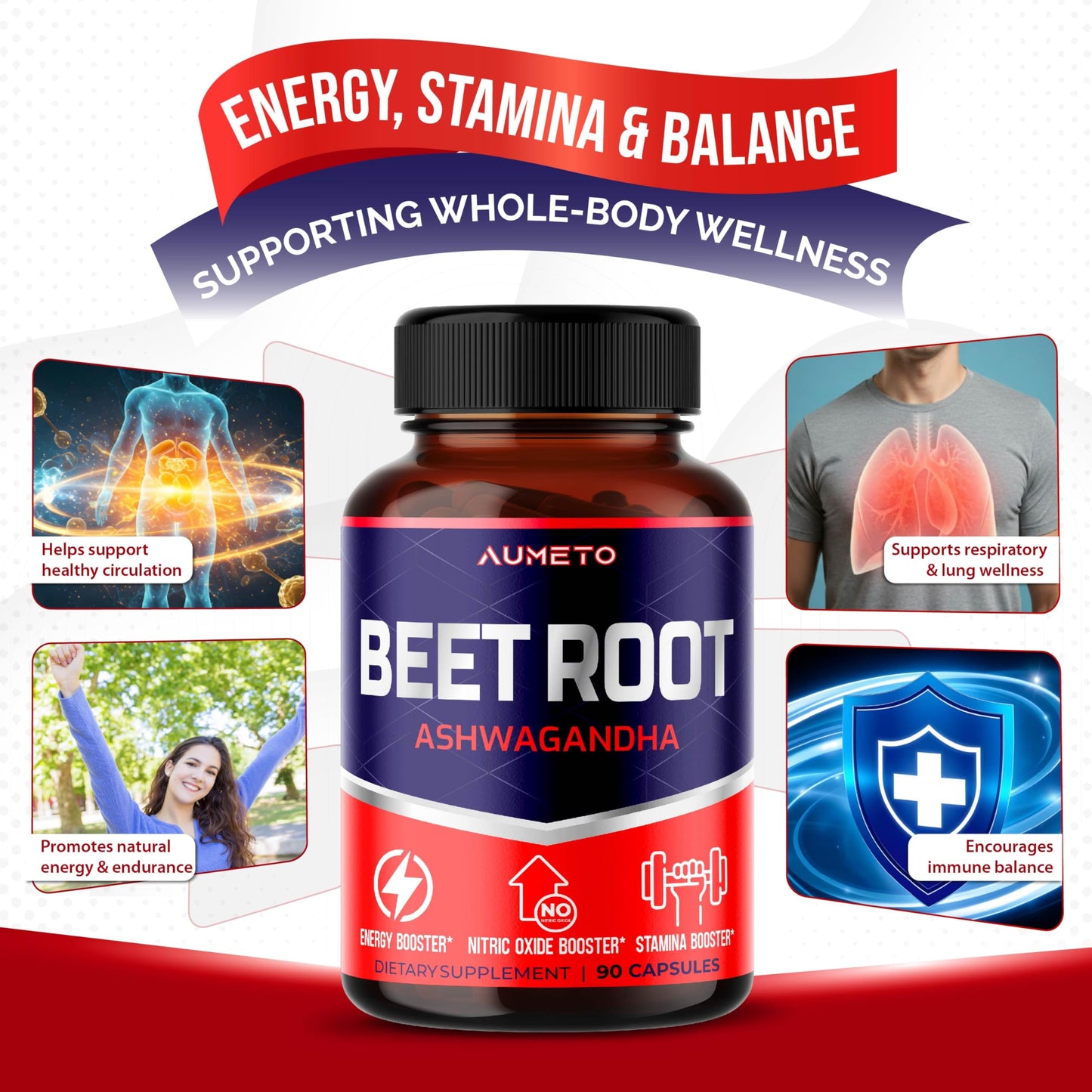 AUMETO Beet Root Capsules with Ashwagandha Powder 90
