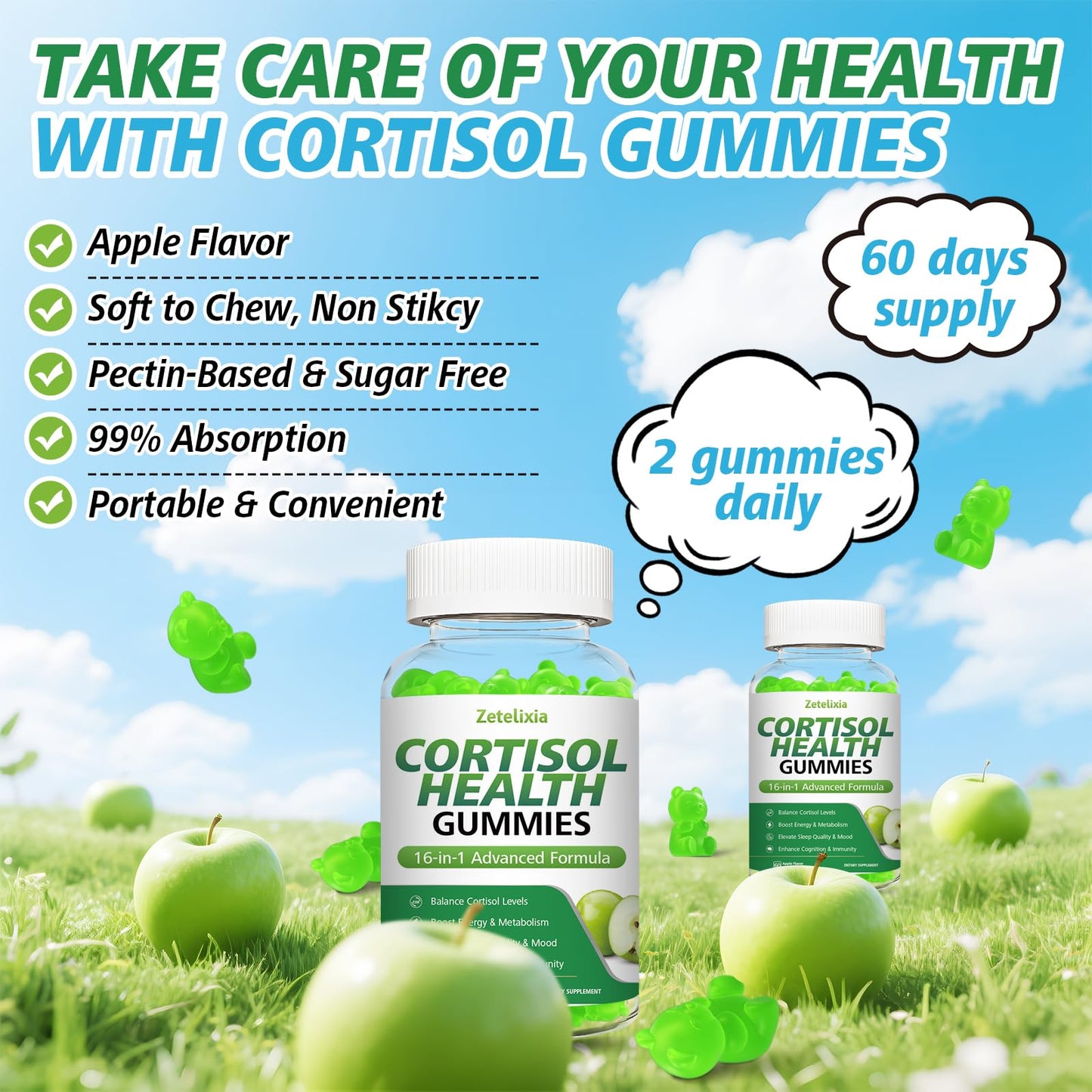 Zetelixia Cortisol Gummies for Women, 16-in-1 Cortisol Support, Apple Flavor, 120 Gummies