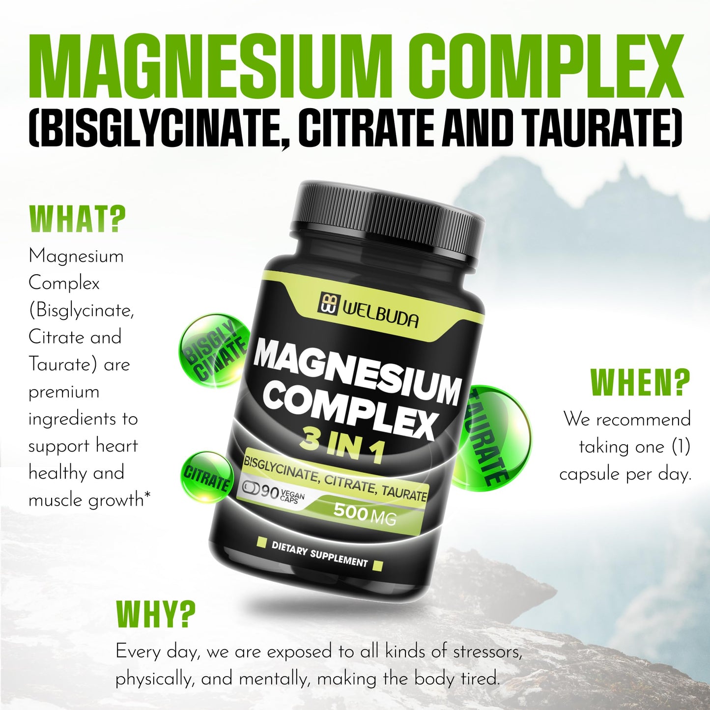 WELBUDA Magnesium Complex 3-in-1 Capsules, 500mg, 90 Count