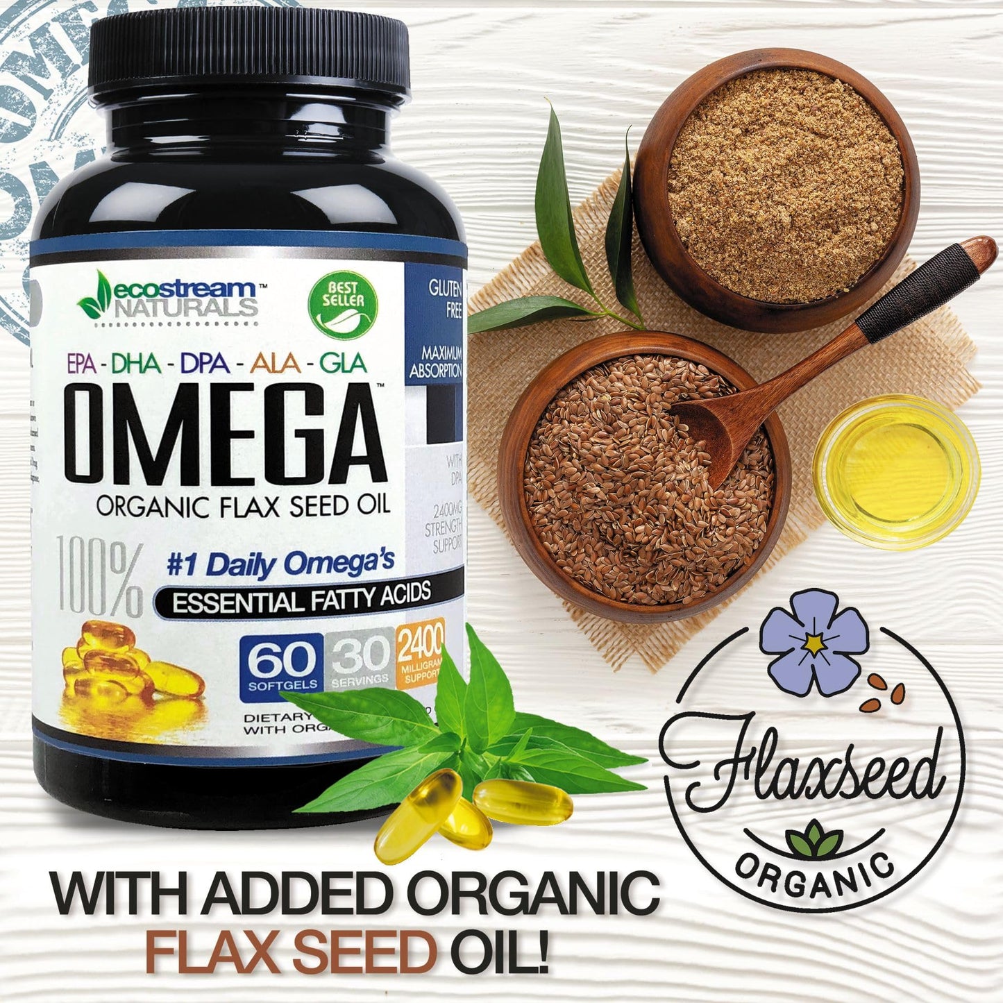ecostream Naturals Triple Strength Omega 3-6-9 Blend with DPA, EPA, DHA, ALA and GLA and Organic Flax Seed Oil Softgel 60 SoftGels