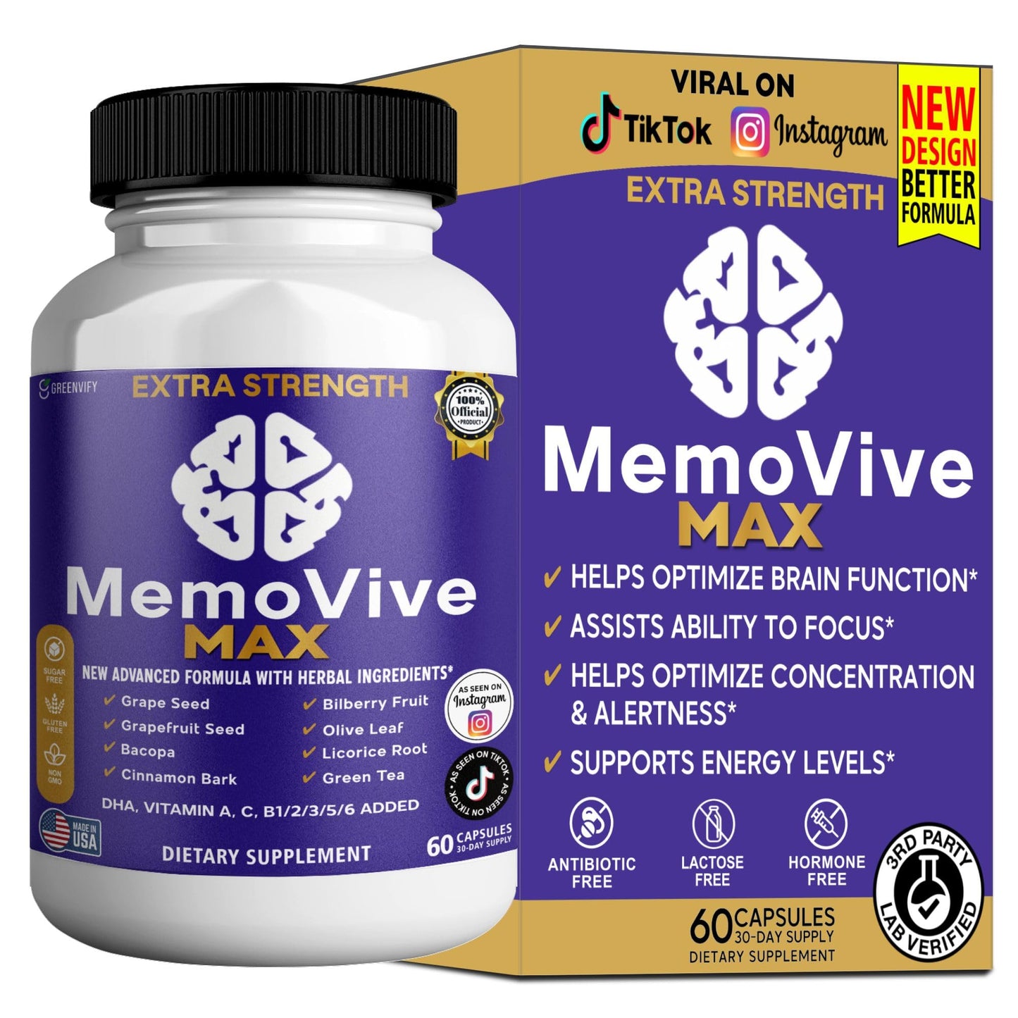 GREENVIFY MemoVive MAX Extra Strength Memory Support Supplement Capsules, 60 Capsules
