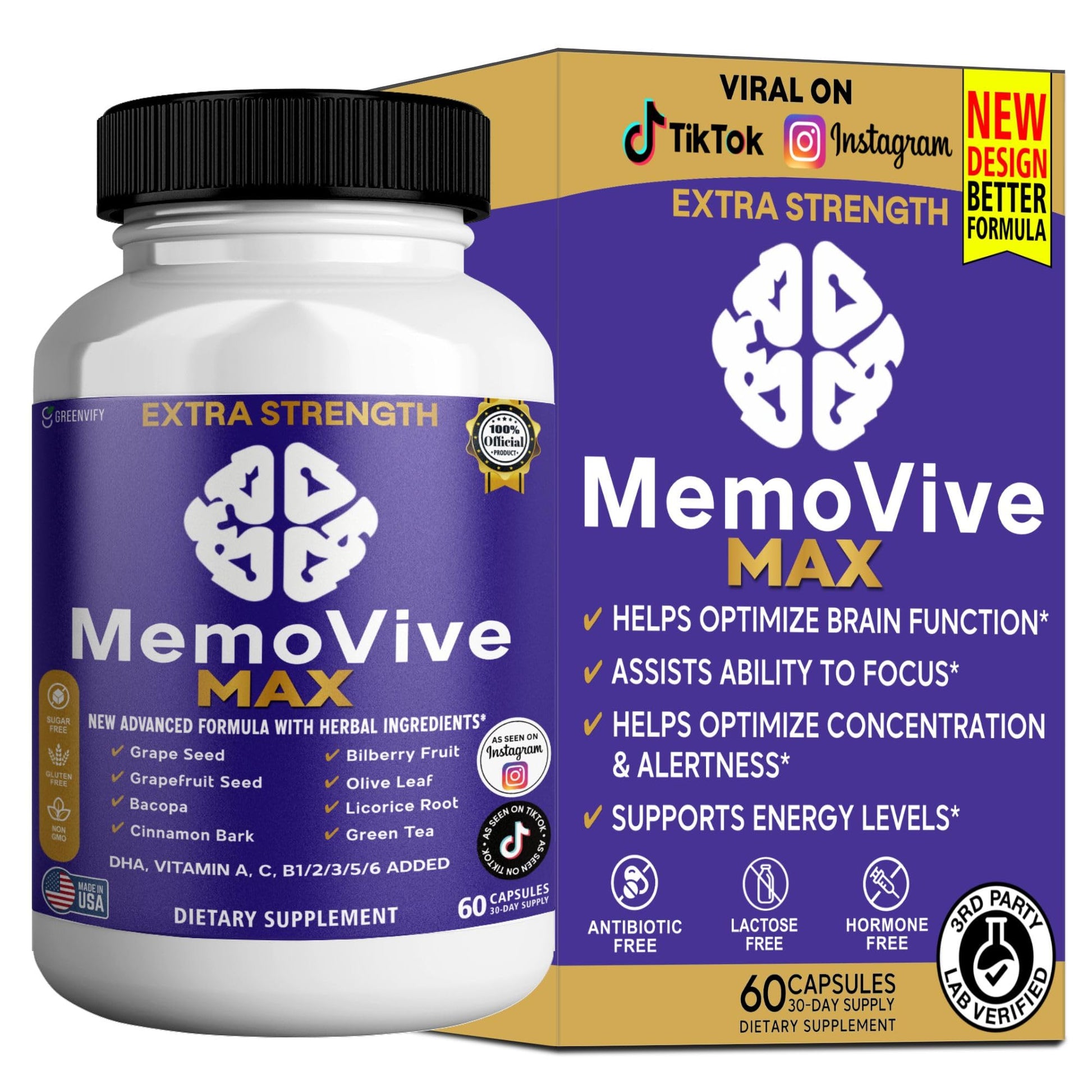 GREENVIFY MemoVive MAX Extra Strength Memory Support Supplement Capsules, 60 Capsules