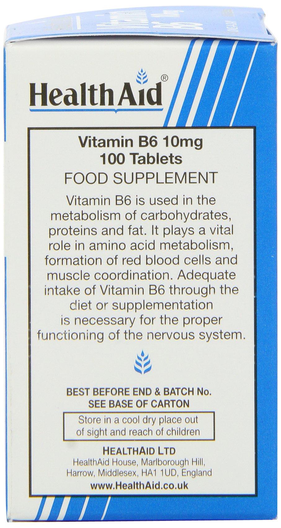 HealthAid Vitamin B6 (Pyridoxine HCl) 10mg Tablets, 100 Count