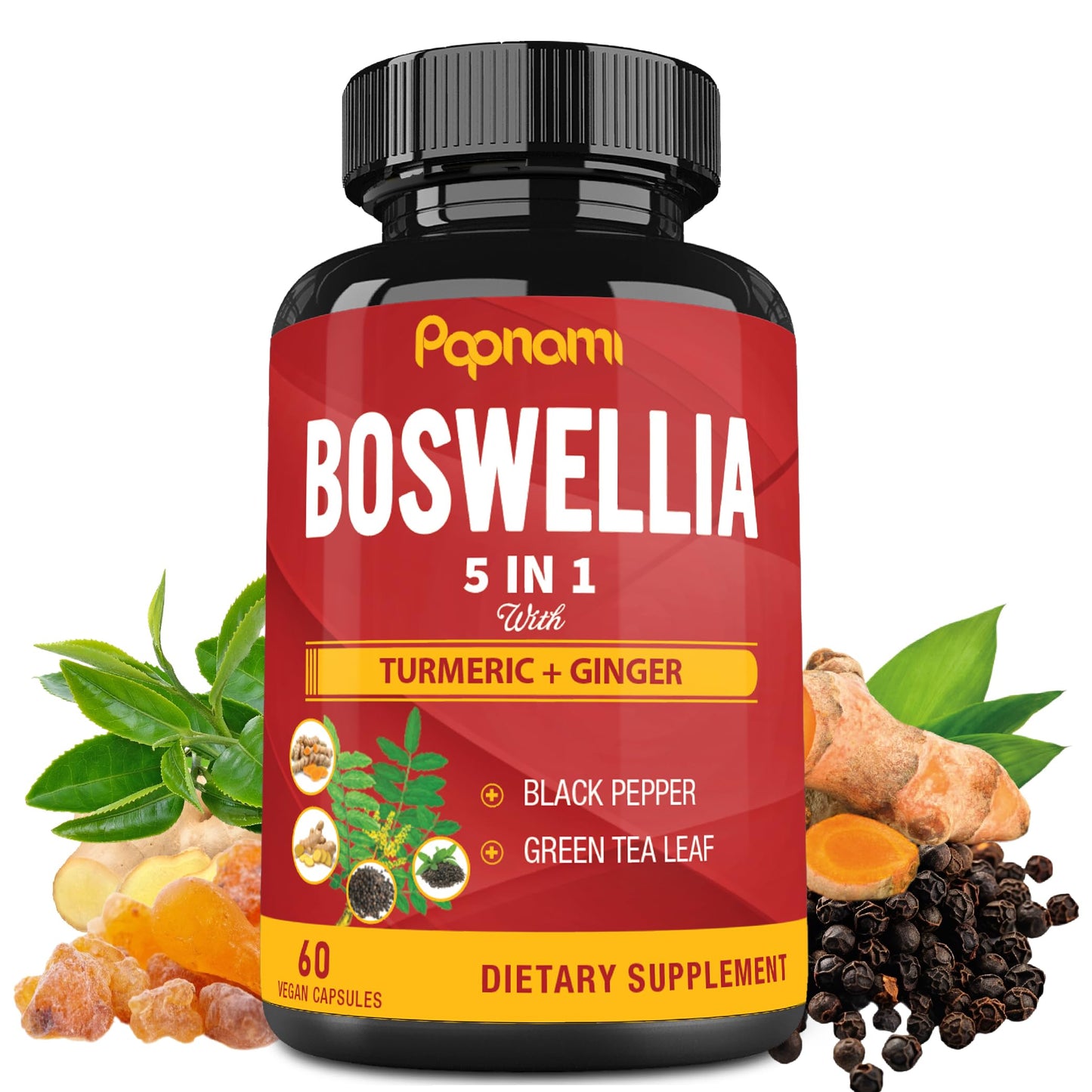 Papnami Organic Boswellia Serrata Extract Capsules with Turmeric, Ginger, Black Pepper & Green Tea, 60 Capsules