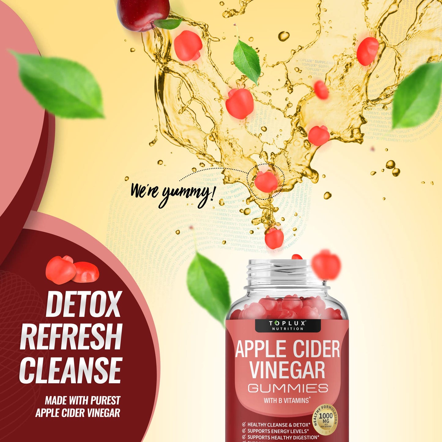 Toplux Apple Cider Vinegar Gummies - 1000mg ACV with B12, Beet Root, Pomegranate, Detox & Immune Support, 60 Gummies
