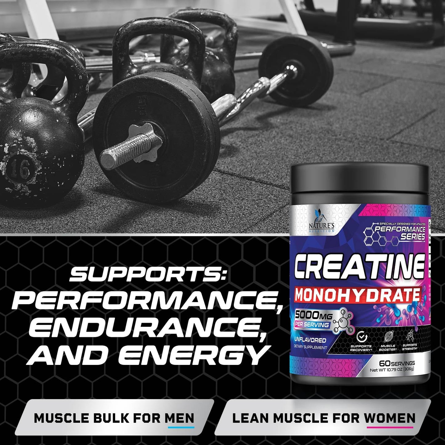 Nature's Nutrition Creatine Monohydrate Micronized 5000mg Per Serving - Performance Powder Creatine Nutritional Supplement - For Muscle Strength & Energy Support, Unflavored Monohydrate Powder - USA Bottled - 60 Servings