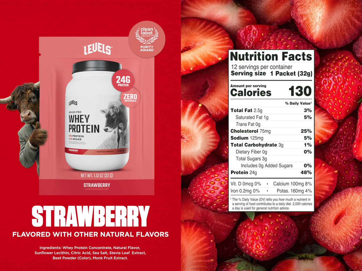 Levels Nutrition Grass Fed Whey Protein Powder Strawberry 14 Count
