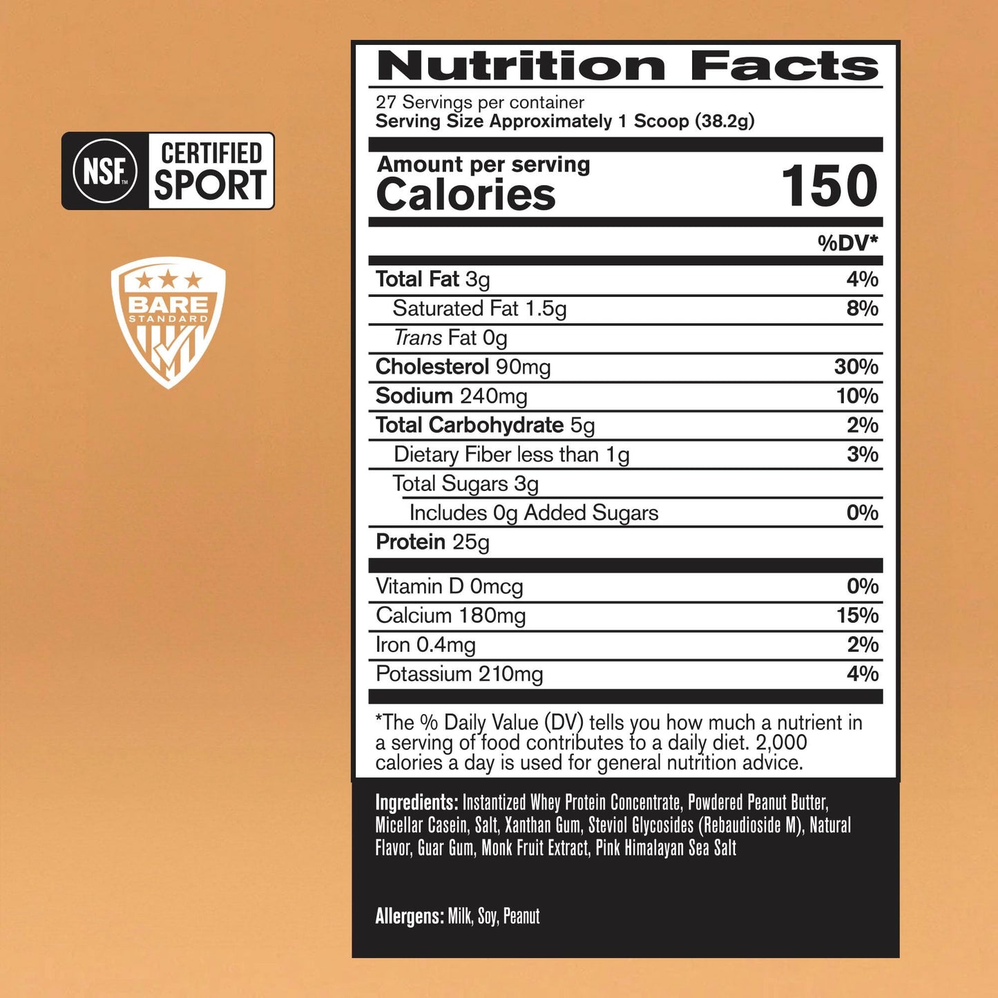 Bare Performance Nutrition BPN Whey Protein + Casein Protein Powder Blend, Peanut Butter, 32.2 oz