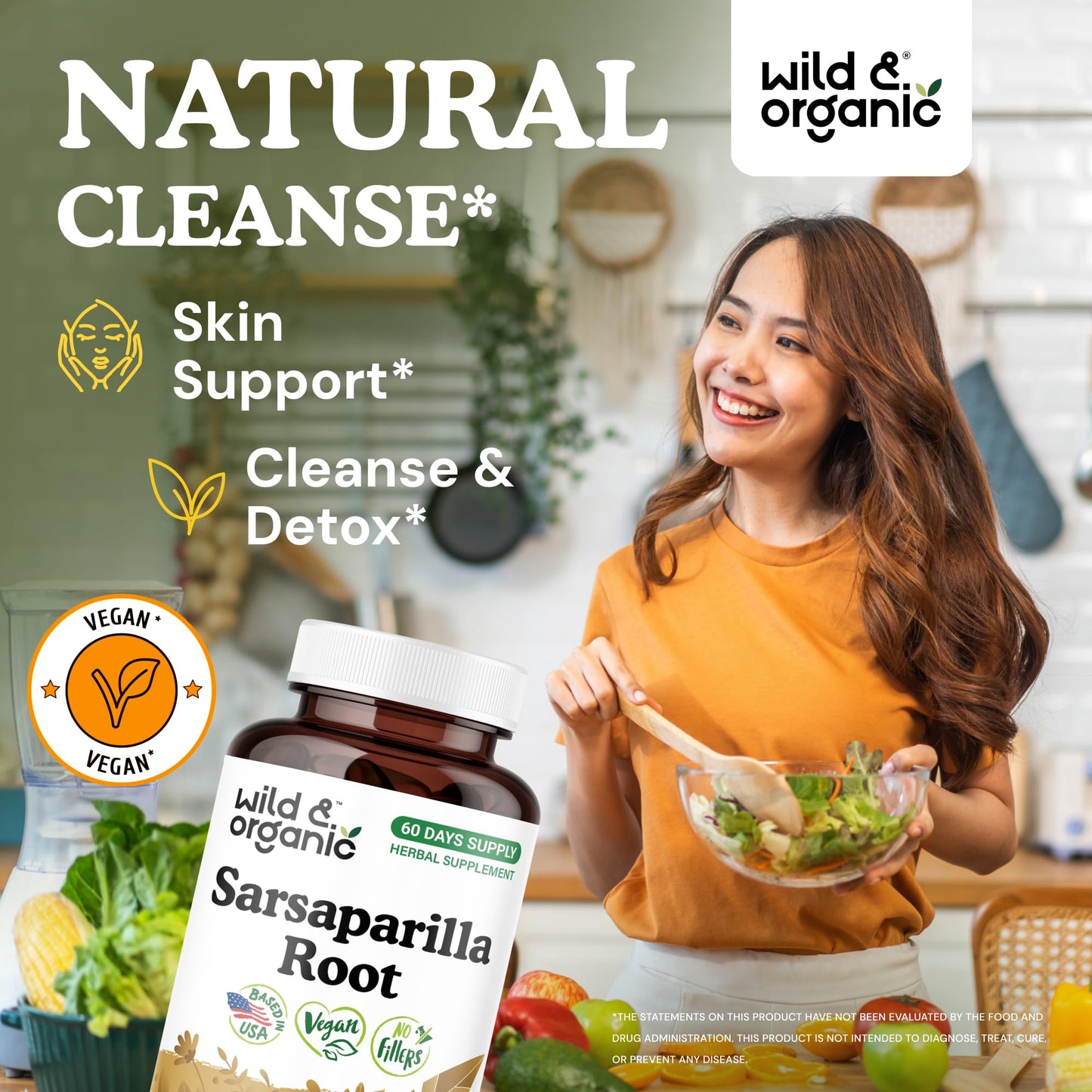 Wild & Organic Sarsaparilla Root 1000mg Capsules, Skin & Detox Support, 120 Count