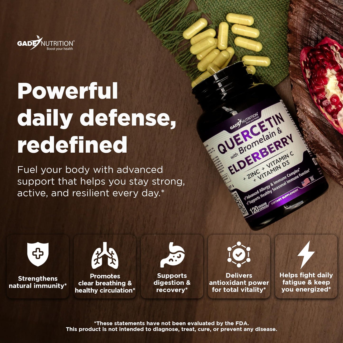 GADE NUTRITION BOOST YOUR HEALTH Quercetin with Bromelain, Elderberry, Vitamin C and Zinc 240 Capsules