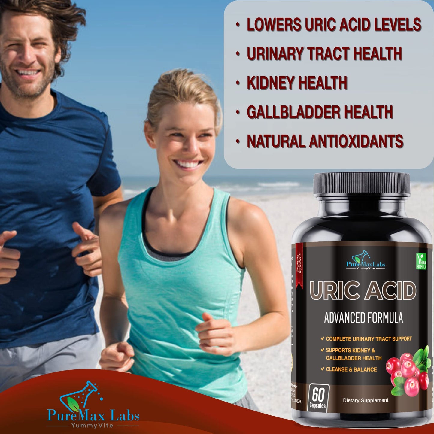 YUMMYVITE Uric Acid Advanced Formula Kidney, Liver, Gallbladder, Urinary Tract Cleanse with Cranberry, Chanca Piedra, Tart Cherry, Milk Thistle and Bromelain 60 Capsules