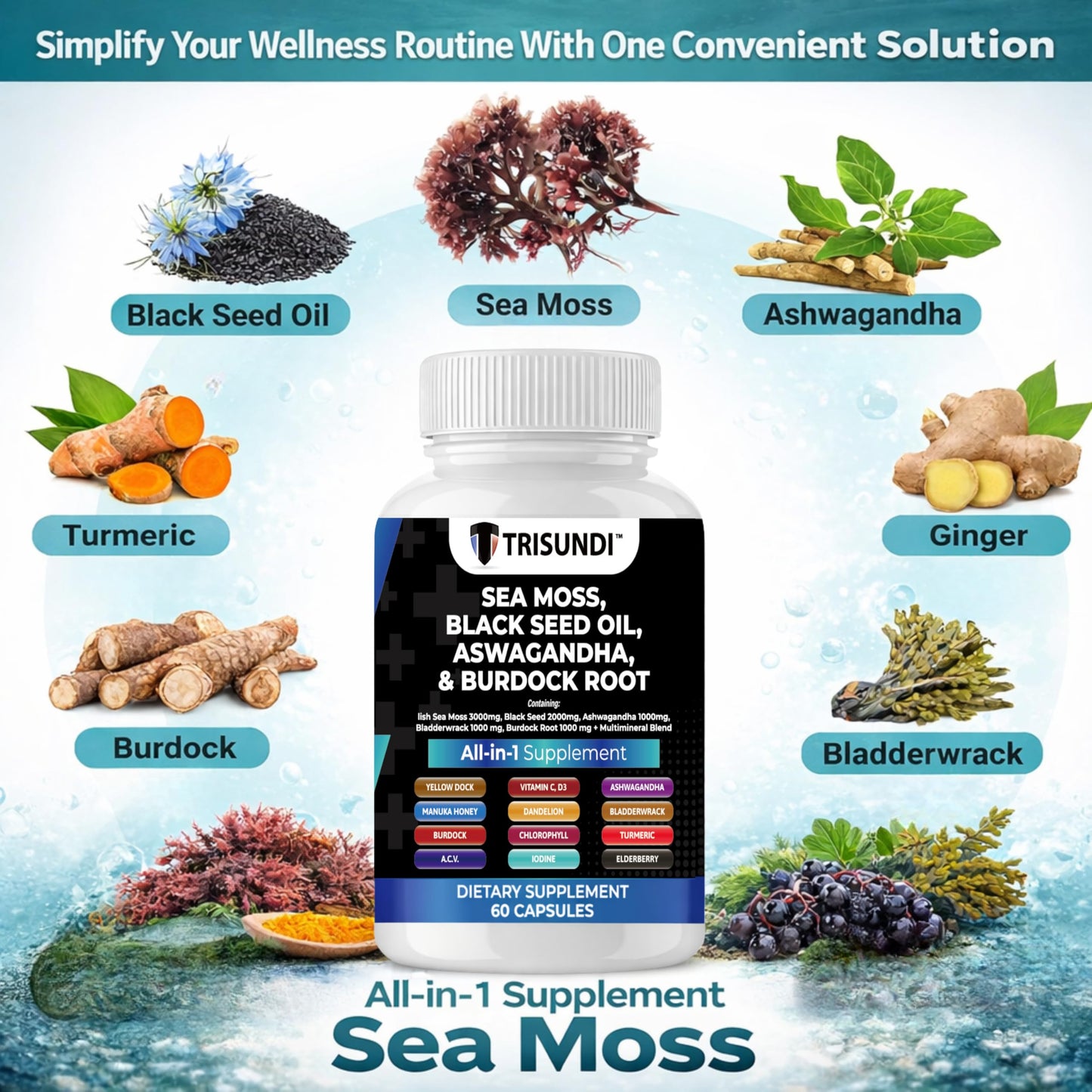 Trisundi Sea Moss Complex with Black Seed Oil, Ashwagandha & Burdock Root All-in-One Herbal Supplement with Vitamins & Minerals, 60 Capsules