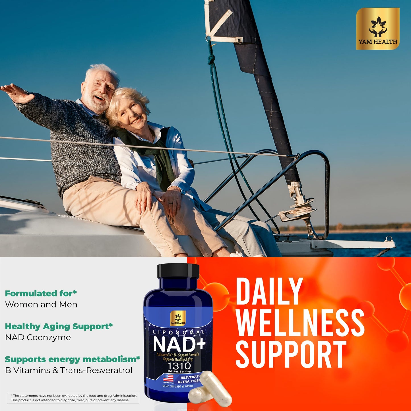 YAM Health Liposomal NAD+ 1310mg with Resveratrol & Niacin (Vitamin B3) Capsules, 60 Count