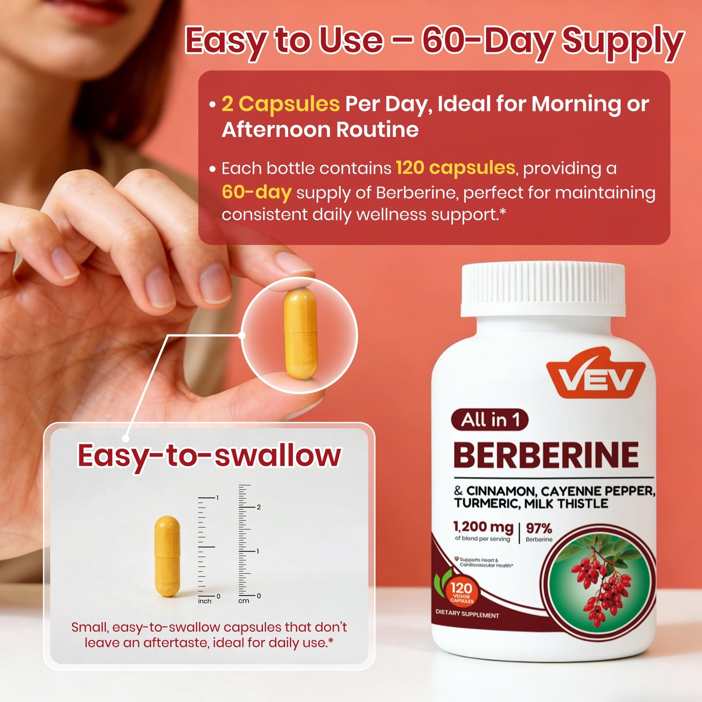 VEV Berberine Supplement Capsule, 120 Capsules